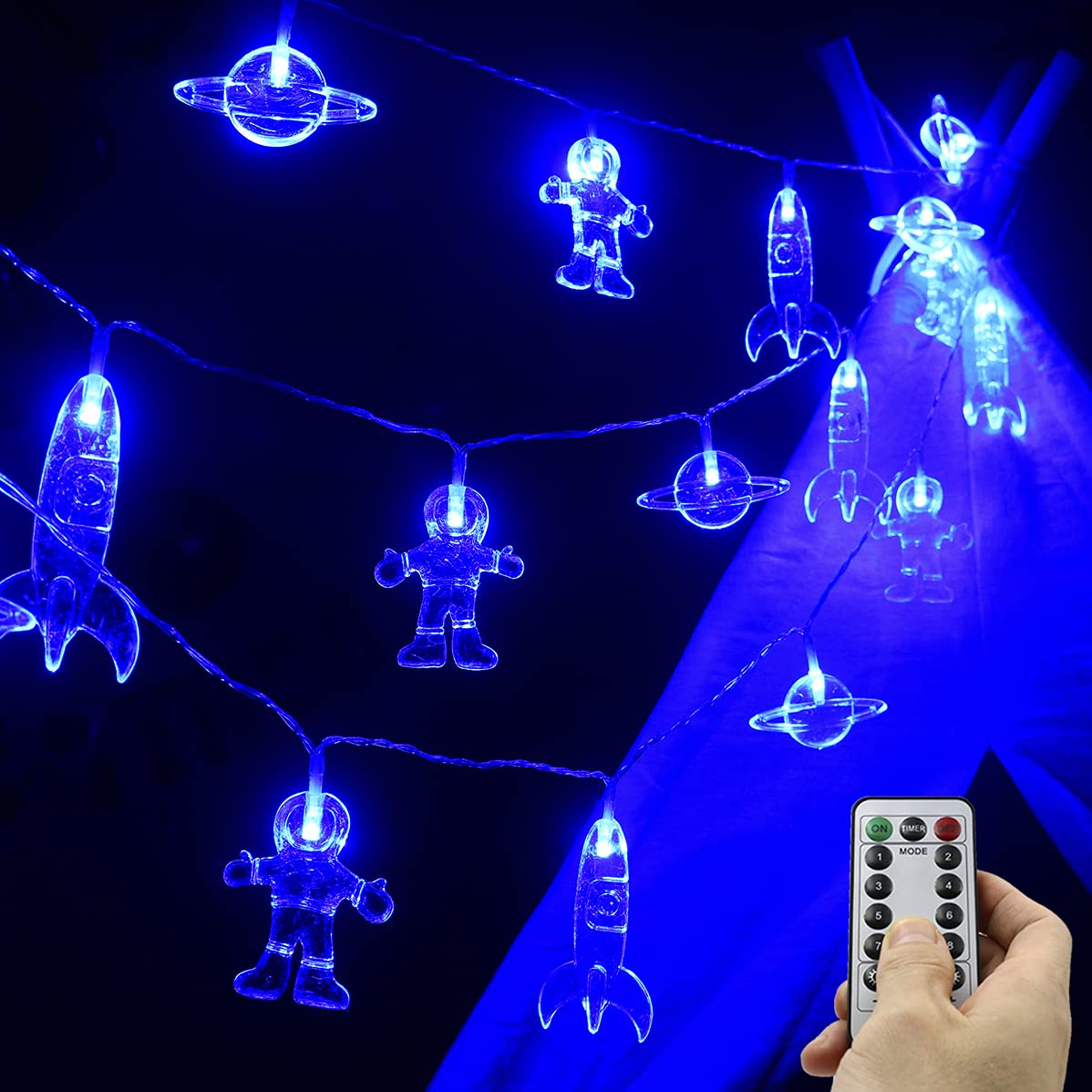 20 LED 11 FT Waterproof Rocket Spaceship Astronaut String Lights with Remote Control - 8 Lighting Modes, Battery Operated for Kids Bedroom, Tent, Birthday Party & Nursery Decor (Blue) - Perfect for Children's Room Lighting, Sleep Aid and Themed Party Decorations