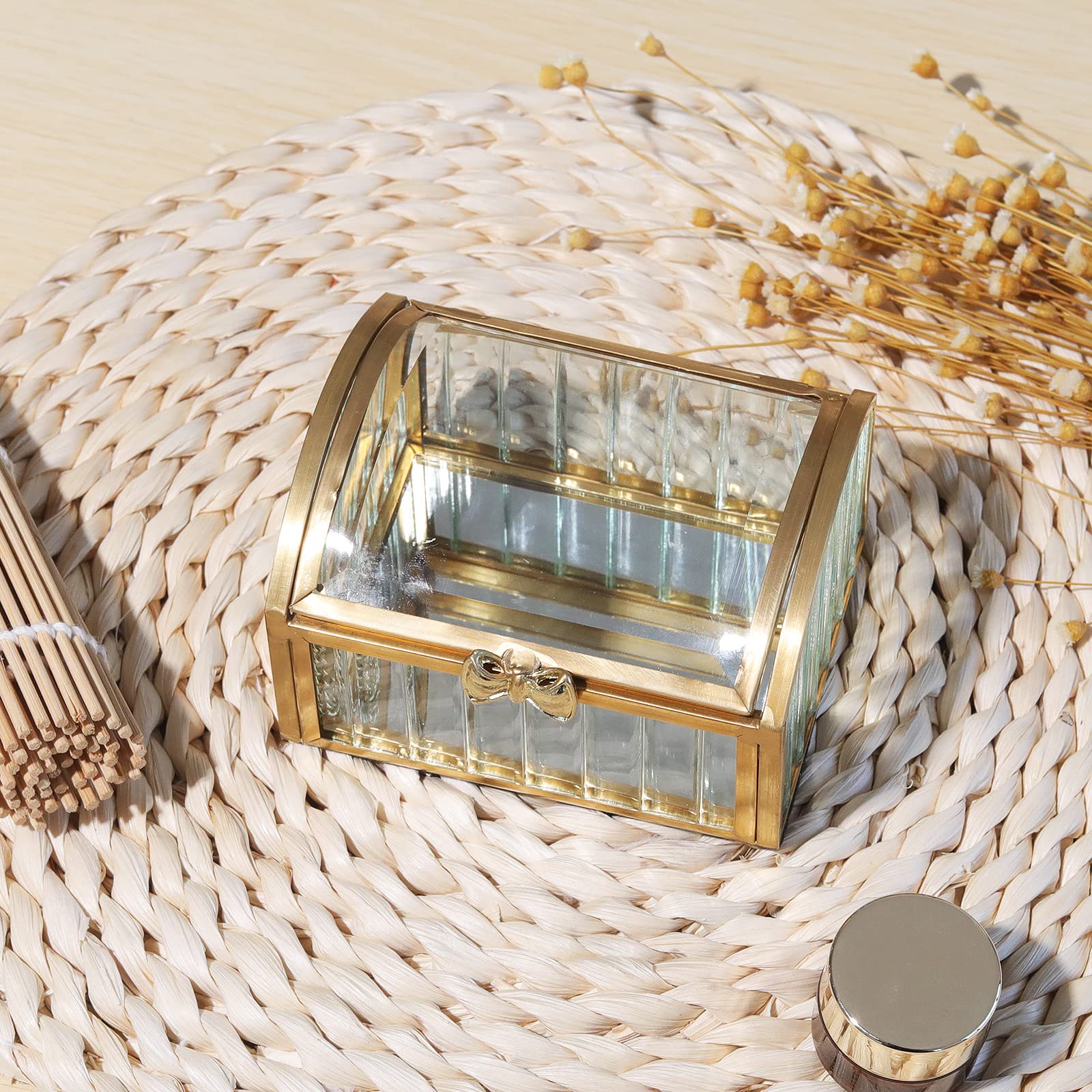 LONGSHENG Elegant Gold Jewelry Trinket Box - Glass Decorative Storage Box for Bracelets, Necklaces, Rings & Watches - Perfect for Vanity, Dresser & Gift Giving (Small Size) - Since 2001