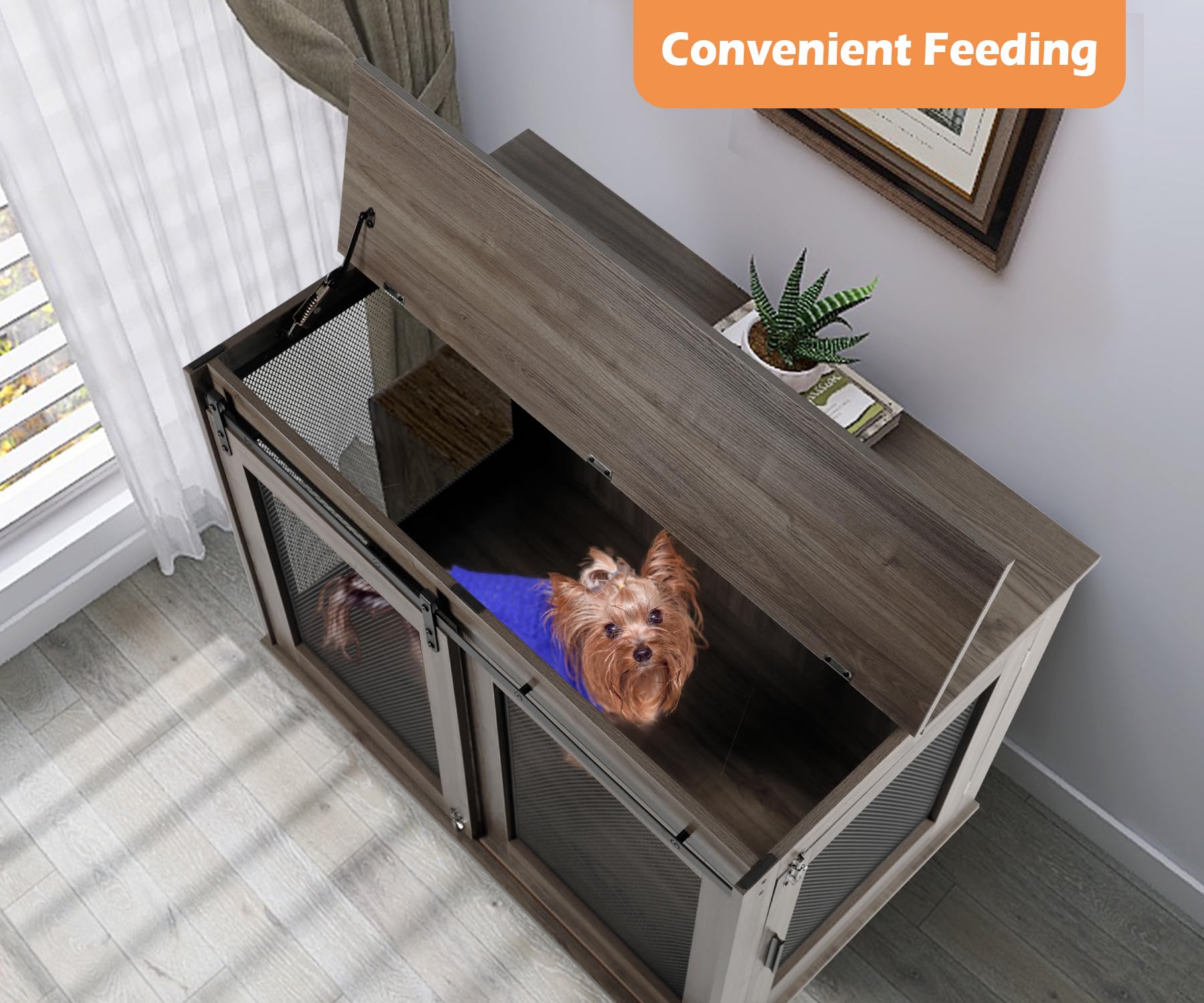 LINLUX 47 Inch XL Heavy Duty Wooden Dog Crate Furniture - Indoor Dog Kennel with Sliding Doors, Wheels & Flip-Top Plate for Extra Large Dogs - Perfect for Living Room, Bedroom or Office Pet Enclosure