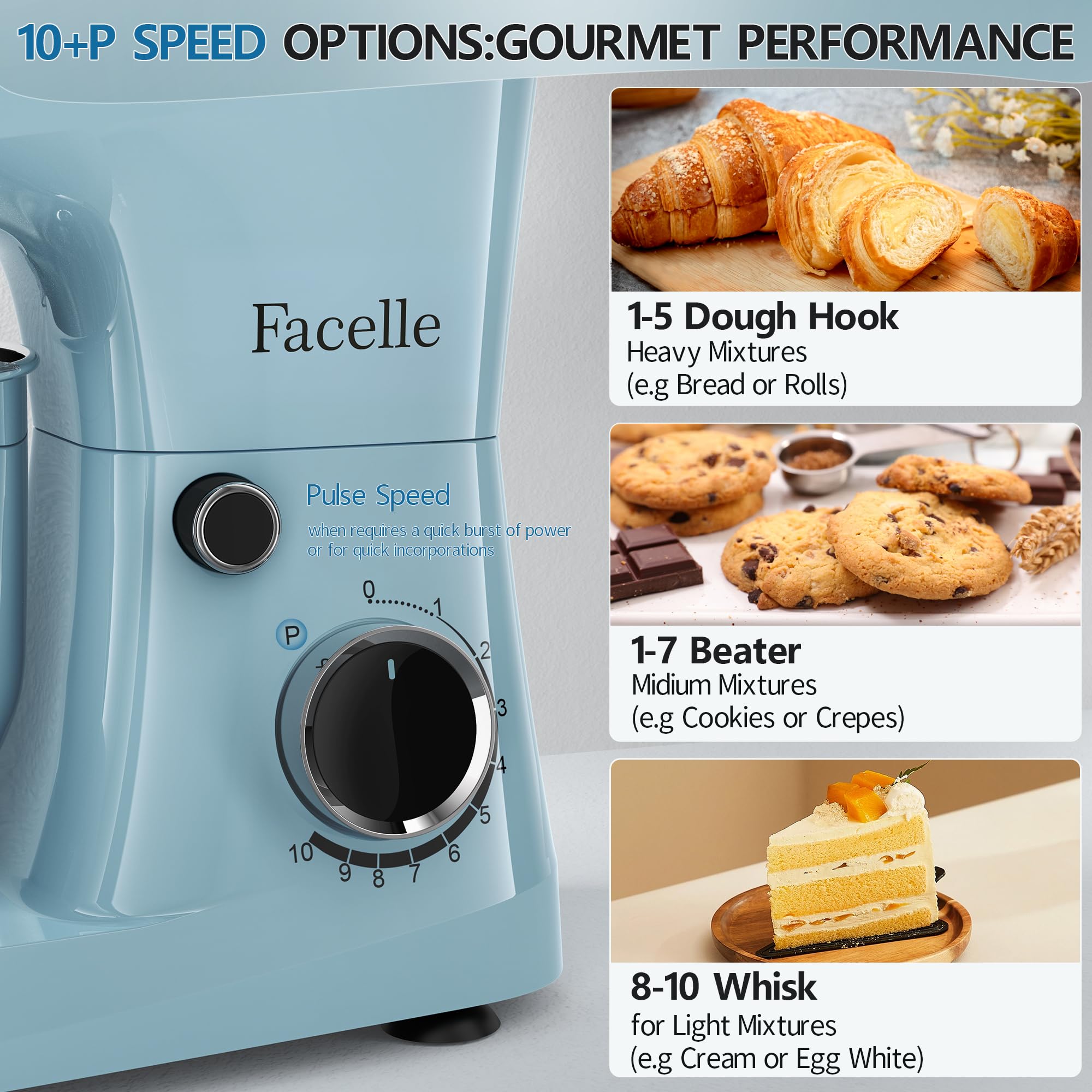 Facelle 10-Speed 6QT Stand Mixer, Tilt-Head Electric Kitchen Mixer with Beater, Dough Hook & Wire Whip - Perfect for Baking Cakes, Cookies, Bread & Pastries at Home (Blue)