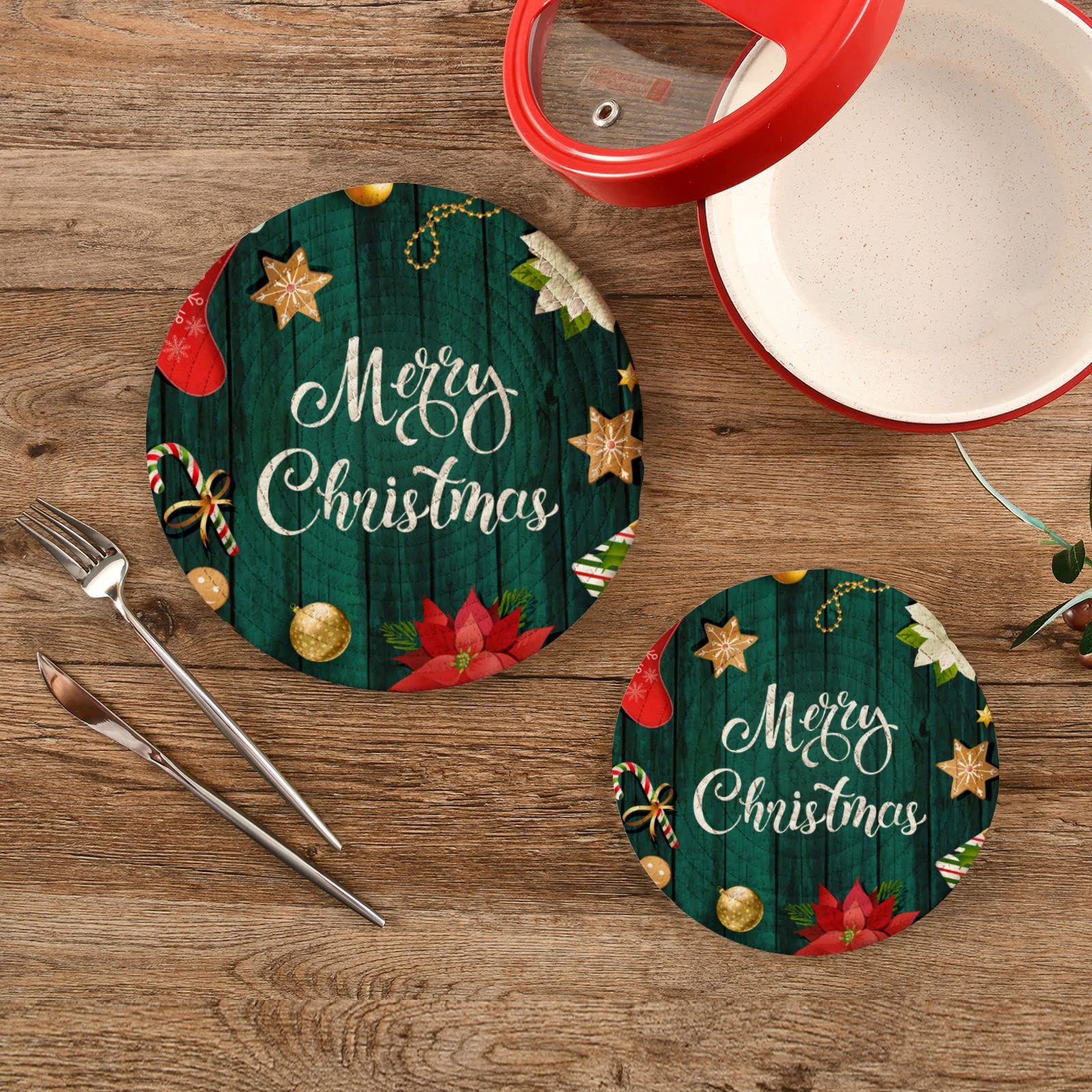 Christmas Wooden Board Pot Holders & Trivets Set of 2 - Heat Resistant Kitchen Trivets for Hot Dishes, Poinsettia Gingerbread Cotton Woven Trivet Mats - Perfect for Hot Pads, Pans, Pots & Teapots - Ideal for Holiday Kitchen Decor & Christmas Dinner Table Setting