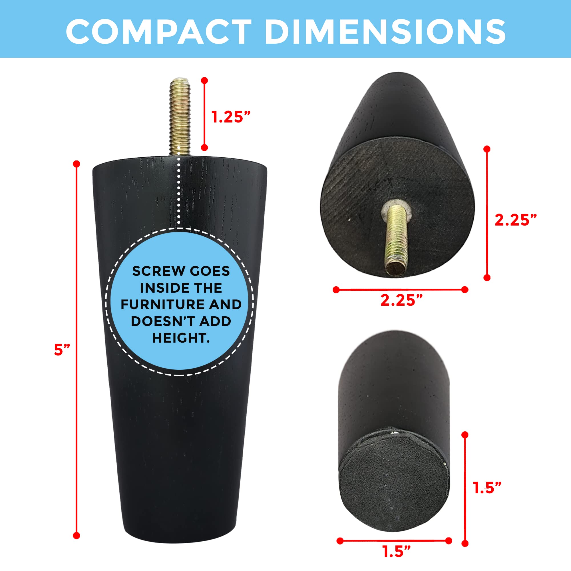 4-Pack 5 Inch Round Espresso Tapered Wood Furniture Legs - Replacement Feet for Sofa, Couch, Chair, Ottoman, Stool, Coffee Table & Bed - Perfect for DIY Furniture Projects & Home Decor Upgrades