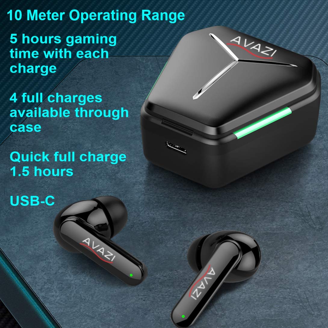 AVAZI GX10 HD True Wireless Earbuds - Bluetooth 5.1 Headphones with Stereo Sound, Built-in Mic, 50ms Ultra Low Latency, IPX5 Sweatproof for Sports, Running, Gym & Gaming - Perfect for Workouts, Commuting & Mobile Gaming