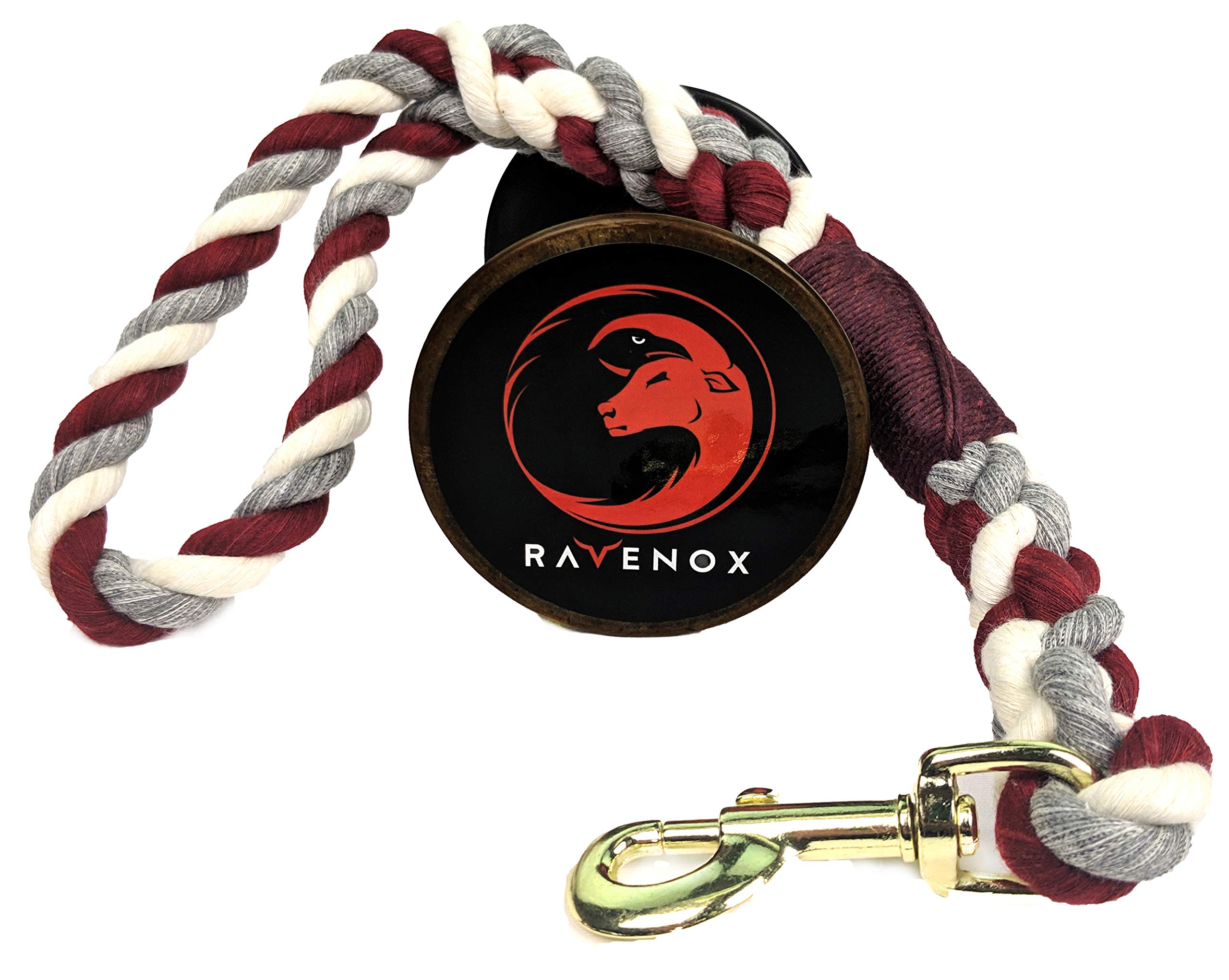 **Ravenox Traffic Handle Short Dog Leash – Strong & Comfortable Cotton Rope Leash for Small, Medium, Large Dogs | Burgundy, Silver & White | 16