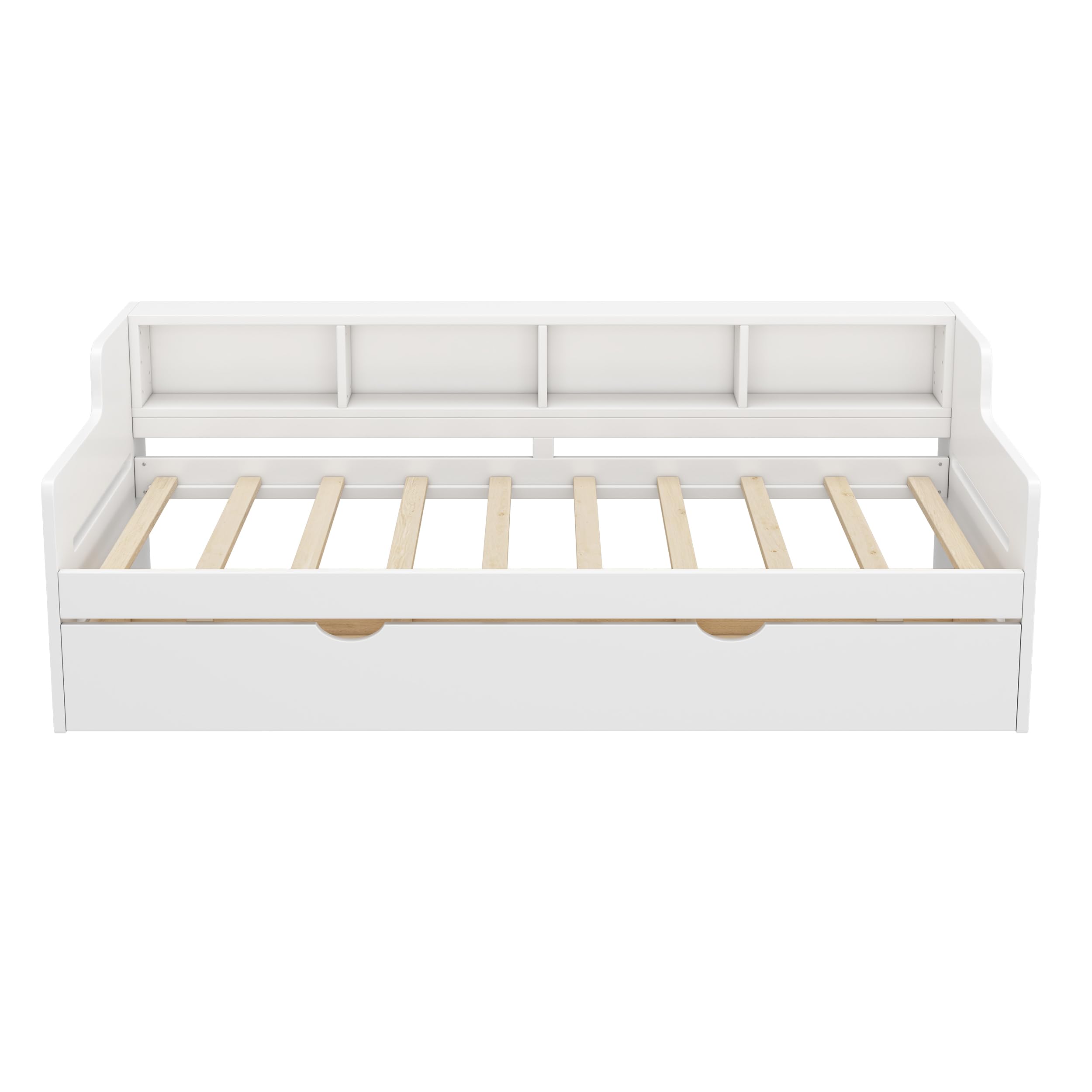 SOFTSEA Twin Size Daybed with Storage - Wooden Daybed with Drawers & Bookcase Headboard for Kids & Teens - 3-in-1 Drawer Twin Platform Bed for Living Room, Guest Room, Dorm or Small Space - White