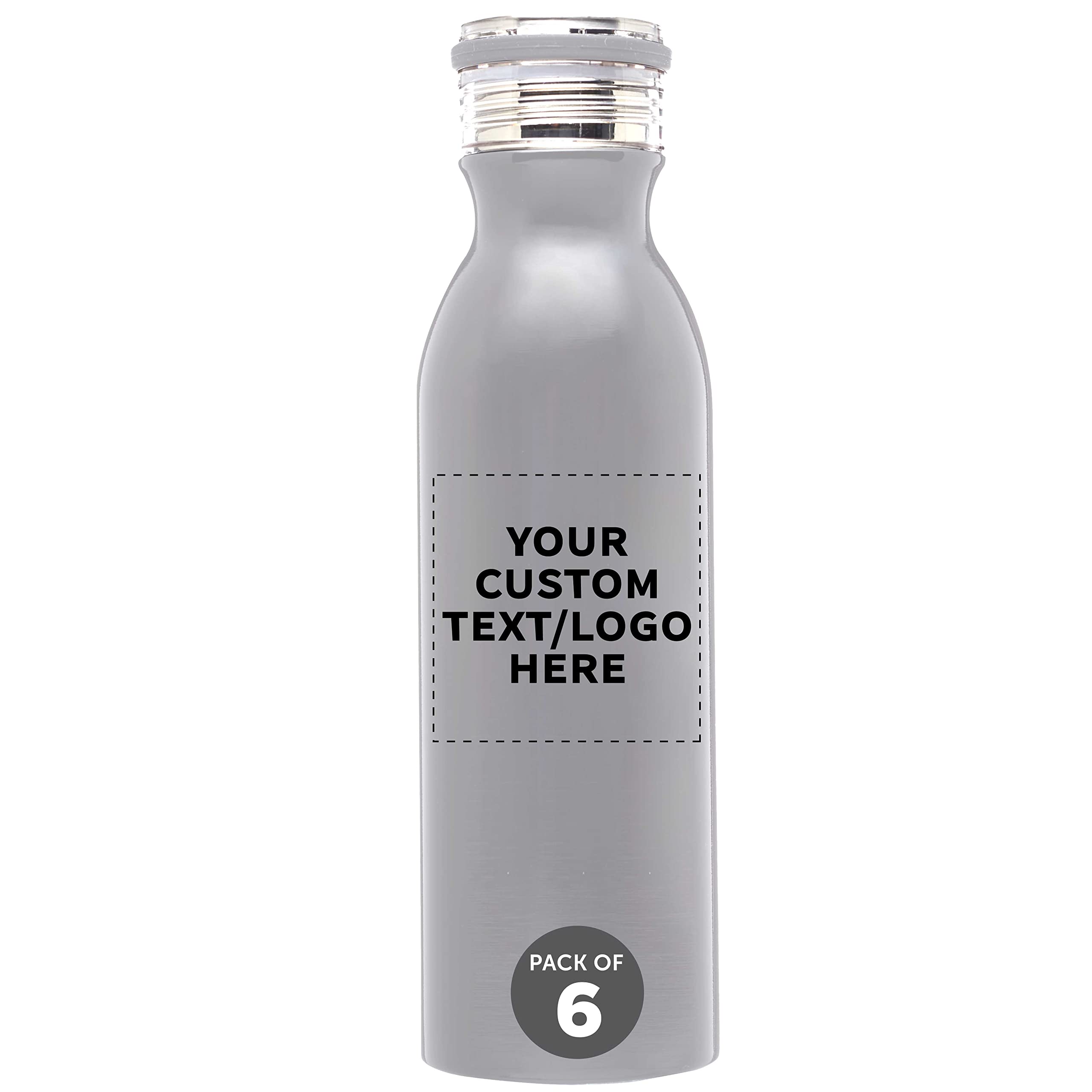Echo 20 oz Custom Stainless Steel Water Bottles - Set of 6 Bulk Pack, Double Wall Insulated for Hot & Cold Drinks - Personalized Silver Travel Mug for Coffee, Soda, Gym, Office & Outdoor Activities