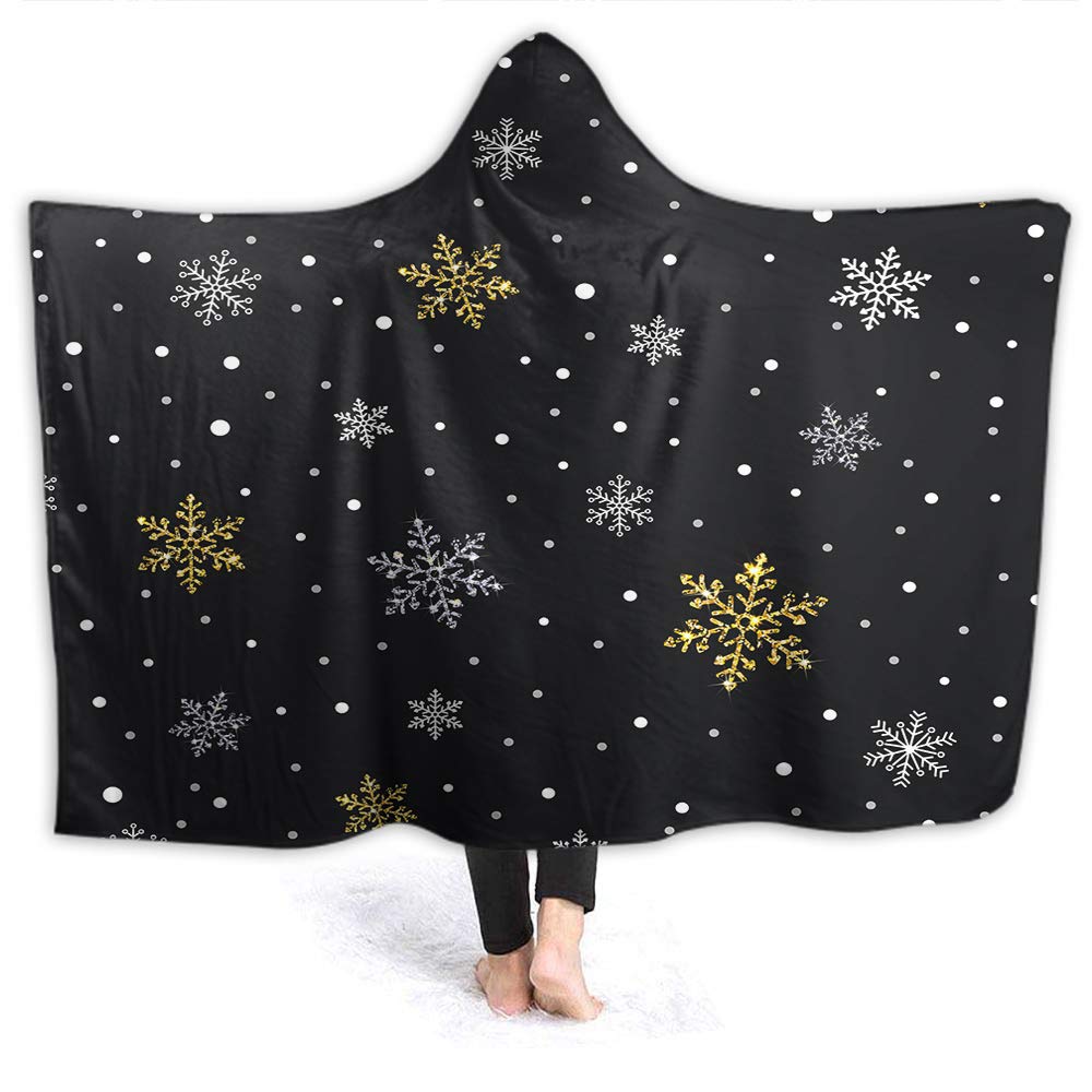 Moslion Hooded Blanket - 80x60 Inch Wearable Fleece Throw with Snowflake Golden Silver Pattern | Ultra Soft Plush Blanket for Adults | Perfect for Home, Sofa, Bed & Outdoor Use