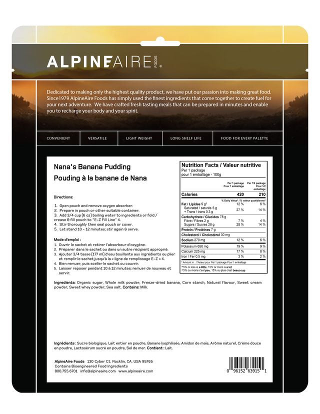 AlpineAire Nana's Banana Pudding - Delicious Dehydrated Banana Pudding Mix for Camping, Hiking & Emergency Food Storage - Easy to Prepare, Lightweight & Long Shelf Life