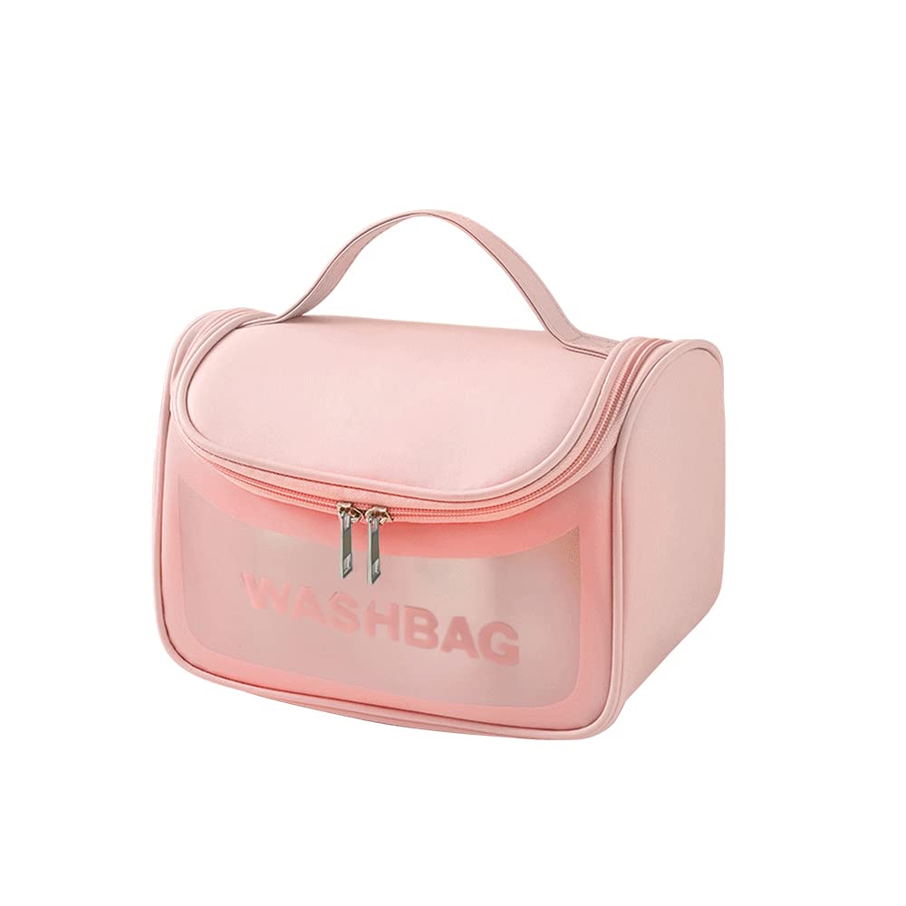 MMQ Clear Waterproof PVC Travel Makeup Bag - Hanging Toiletry Organizer for Women & Girls, Translucent Wide-Open Cosmetic Wash Bag (Pink) - Perfect for Travel, Gym, Beach & Daily Use
