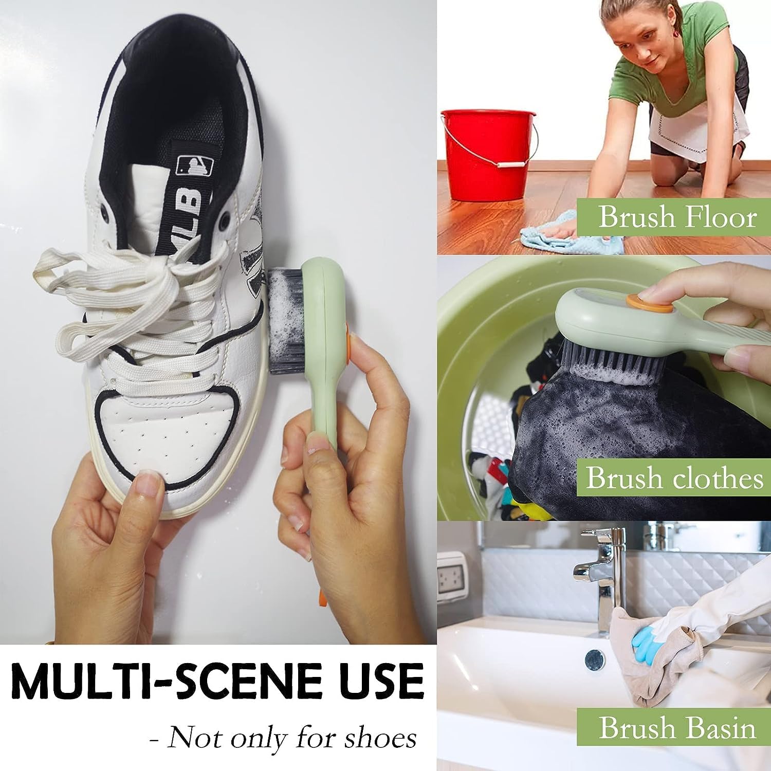 Multifunctional Liquid Shoe Brush with Soap Dispenser - Long Handle Press-Type Cleaner with Refillable Liquid Cartridge (Pack of 1) - Perfect for Sneakers, Boots & Leather Shoes Cleaning at Home or On-The-Go