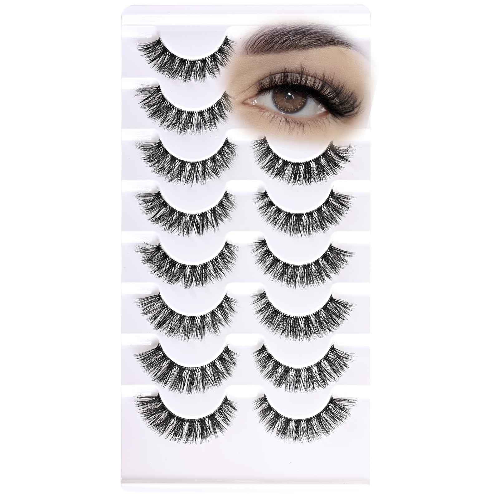 Natural False Eyelashes Set - 8 Pairs Wispy Cat Eye Lashes with Invisible Clear Band, Fluffy Fox Eye Lash Extensions (8-14mm Length) | Perfect for Daily Wear, Parties, Weddings & Special Occasions