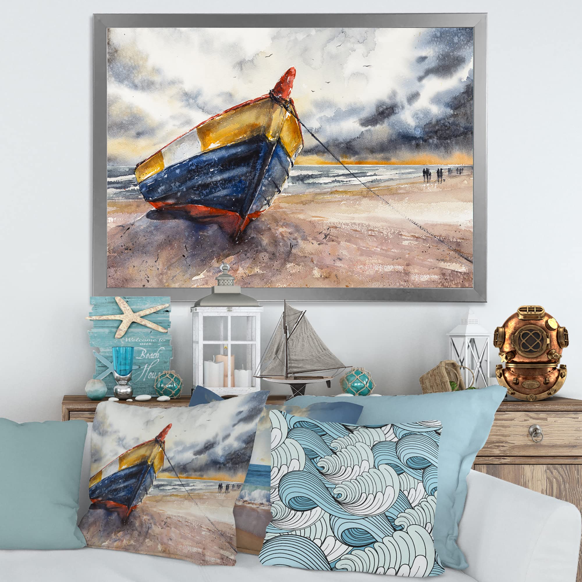 Handcrafted Wooden Boat Nautical Wall Art - Coastal Decor for Beach House, Living Room & Office - Framed Baltic Shores Painting