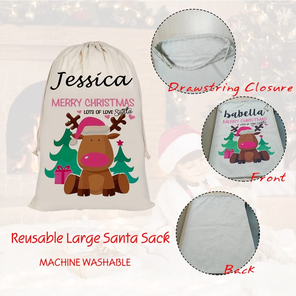 Custom Personalized Reindeer Cotton Linen Christmas Gift Bag 12x15 inches - Santa Sack Drawstring Pouch for Holiday Presents, Party Favors, Stocking Stuffers & Xmas Event Supplies | Perfect for Secret Santa, Family Gatherings & Festive Celebrations