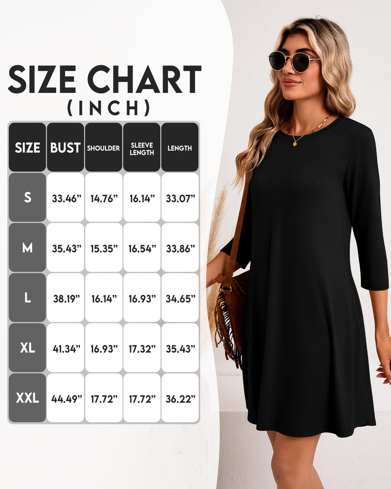 Huukeay Women's 3/4 Sleeve T-Shirt Dress 3 Pack - Casual Crew Neck Loose Fit Swing Tunic Dresses for Fall | Perfect for Work, Weekend Outings and Autumn Layering