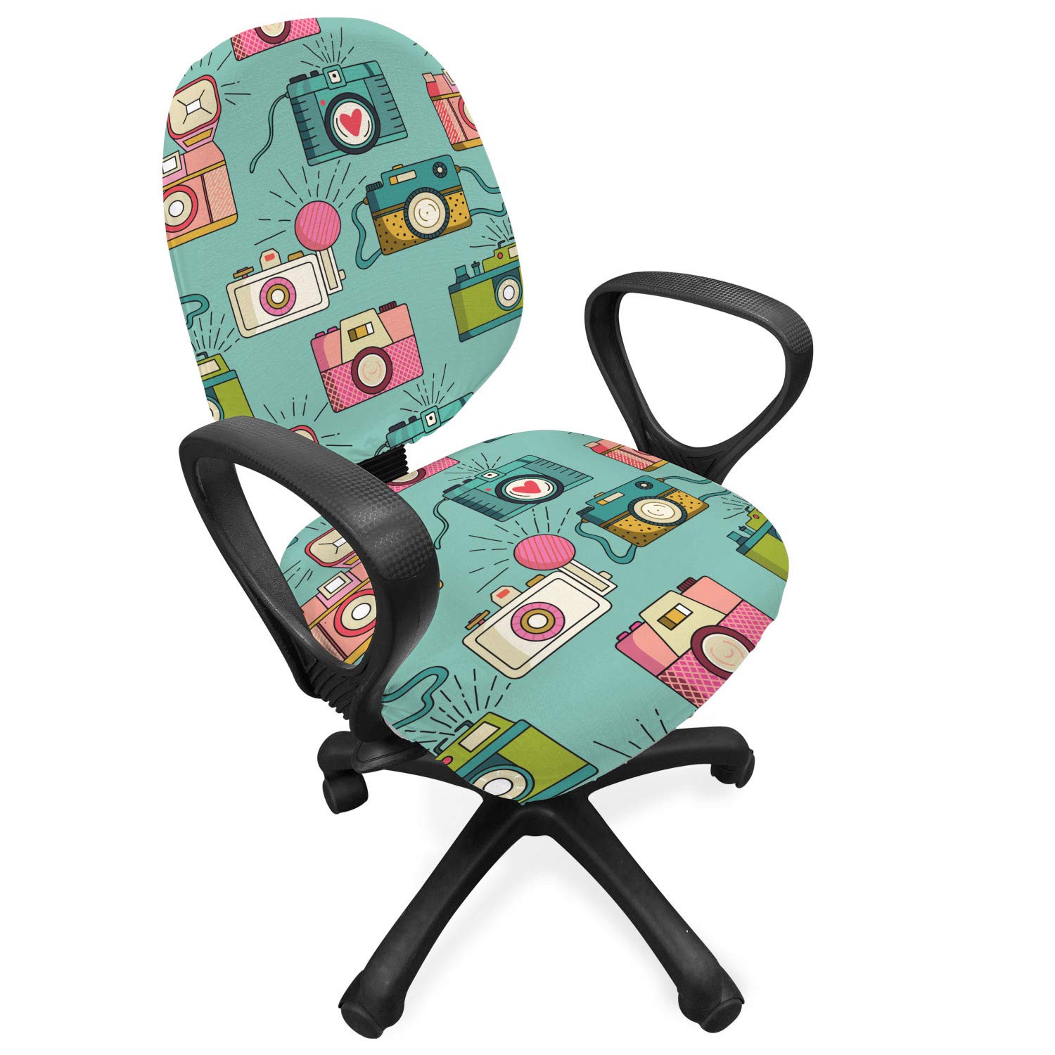Vintage Office Chair Slipcover - Retro Camera Doodle Pattern Stretch Fabric Cover for Home & Office Decor, Multicolor - Perfect for Adding Style to Workspaces, Living Rooms & Studios