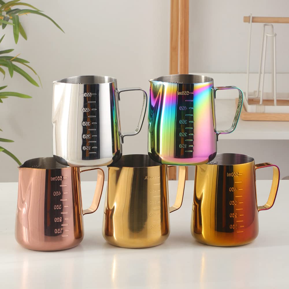 Premium Stainless Steel Milk Frother Cup 600ml (20oz) - Barista Tools for Coffee, Espresso & Latte Art - Electric Whisker & Steaming Pitcher - Rainbow Design for Home & Cafe Use