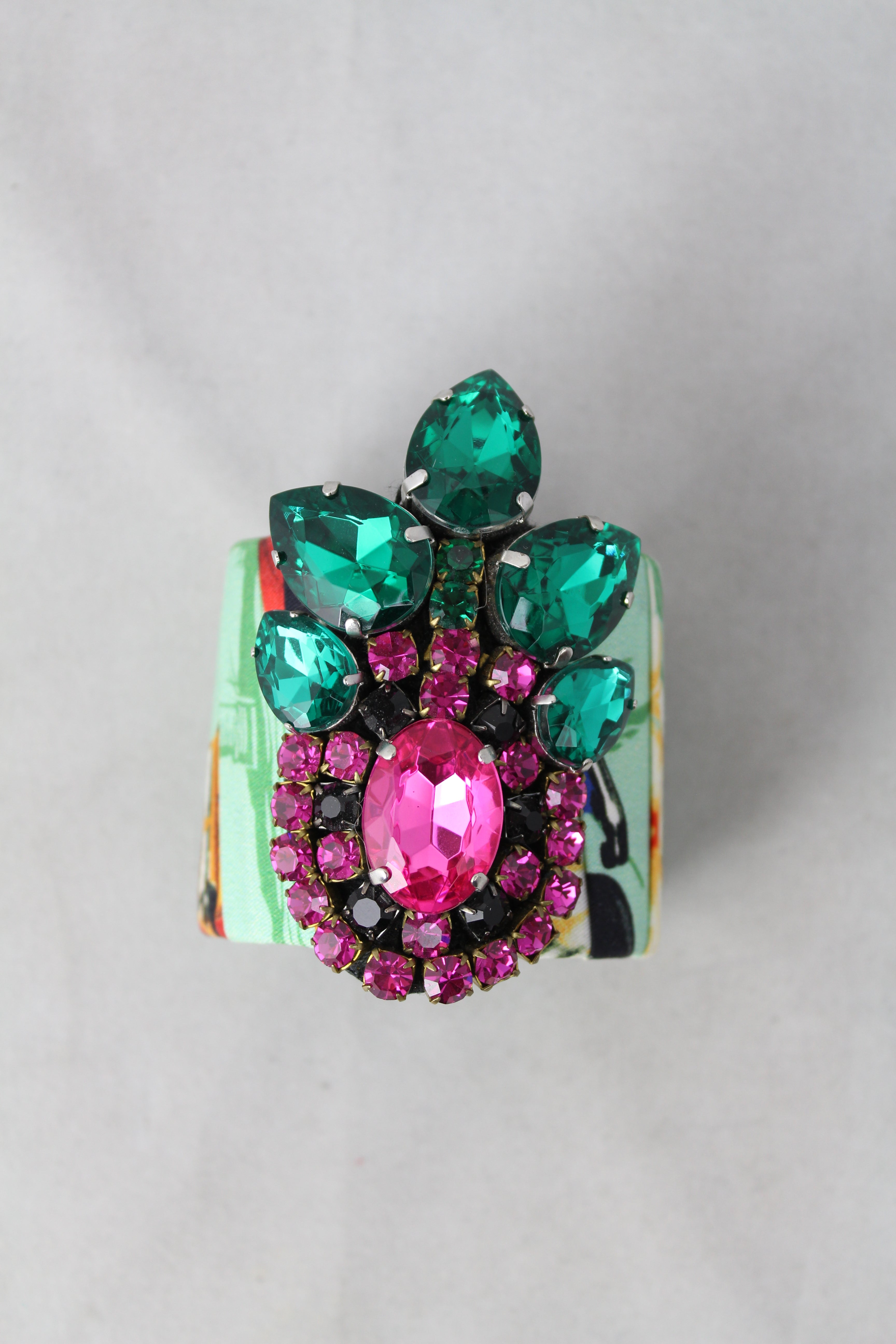 Stella Jean Green Fabric Stiff Bracelet with Stones - Elegant Jewelry for Women, Perfect for Parties, Weddings & Special Occasions
