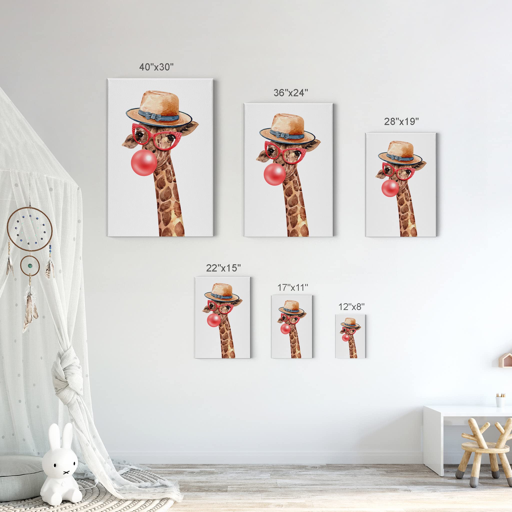 Giraffe Portrait Canvas Wall Art - Smile Art Design with Hat & Red Glasses Chewing Bubble Gum, Safari Animal Pop Art Print (36x24) - Perfect for Office, Living Room, Bedroom & Kids Nursery Decor