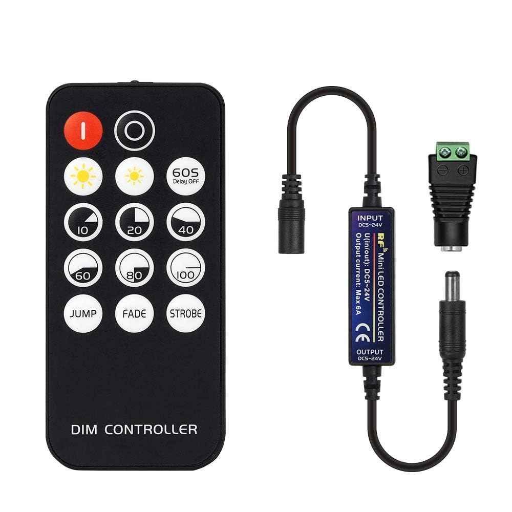 BTF-LIGHTING Mini RF Dimmer Controller - 14 Key Wireless Remote for LED Strip Lights (FCOB 3014/5630/5730/3528) - DC5V/12V/24V Brightness & Effect Mode - Perfect for Home Lighting, Bedroom Ambiance, and DIY Projects (Single Color)