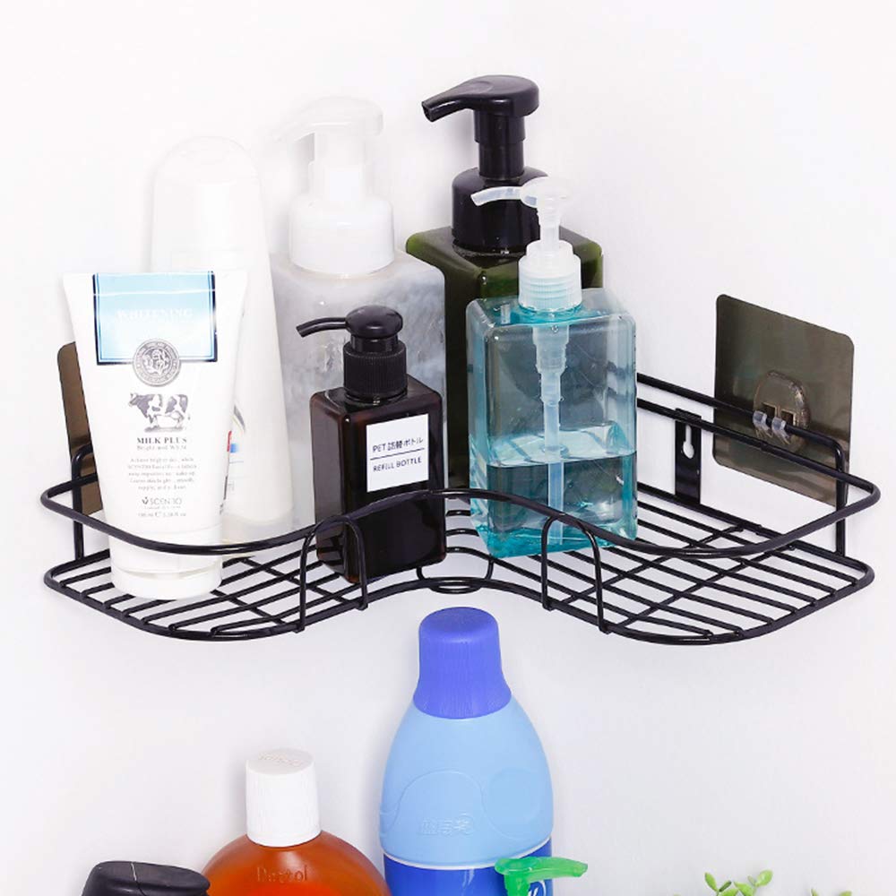 Black Iron Wall-Mounted Corner Shelf Set of 2 - Bathroom & Kitchen Storage Organizer for Shower, Toiletries & Small Items - Rustproof Non-Perforated Triangle Shelves for Home, Apartment & RV Use
