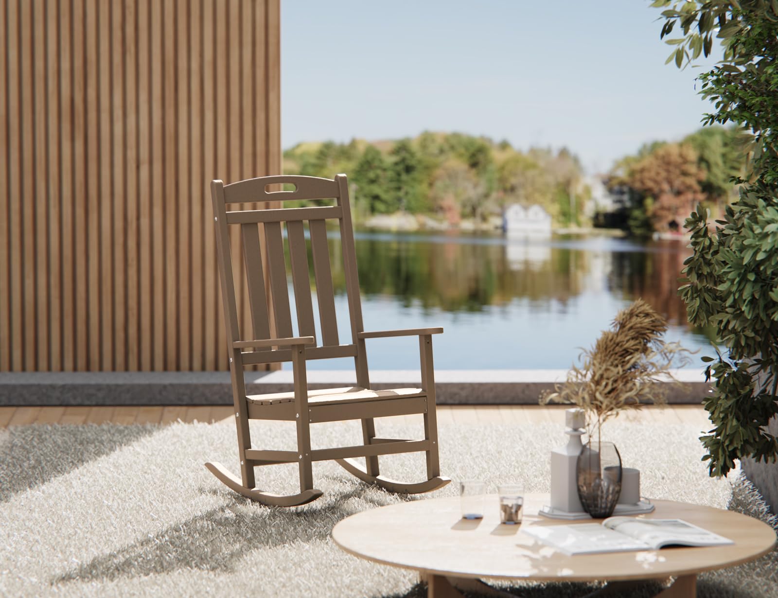 Outdoor Rocking Chair - High Back HDPE All-Weather Patio Rocker for Deck, Porch, Backyard, Garden & Indoor Use - Durable Weathered Wood Look - Perfect for Relaxing in Sunroom, Poolside or Front Porch