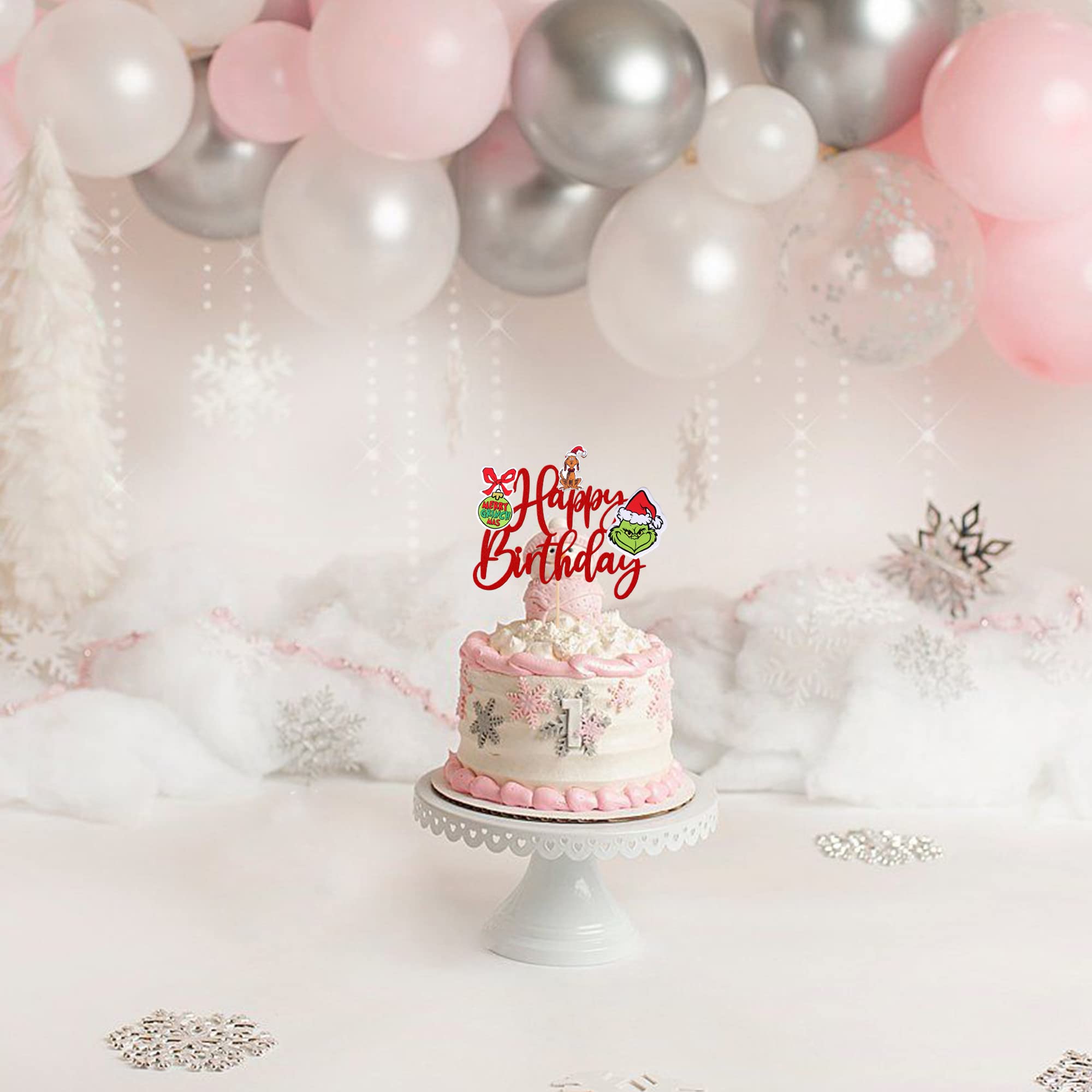 1 PCS Green Monster Happy Birthday Cake Topper with Red Glitter - Christmas Dog Cake Decor for Holiday Parties, Baby Showers & Kids Birthday Celebrations - Perfect for Christmas Theme Cakes and Festive Dessert Decorations