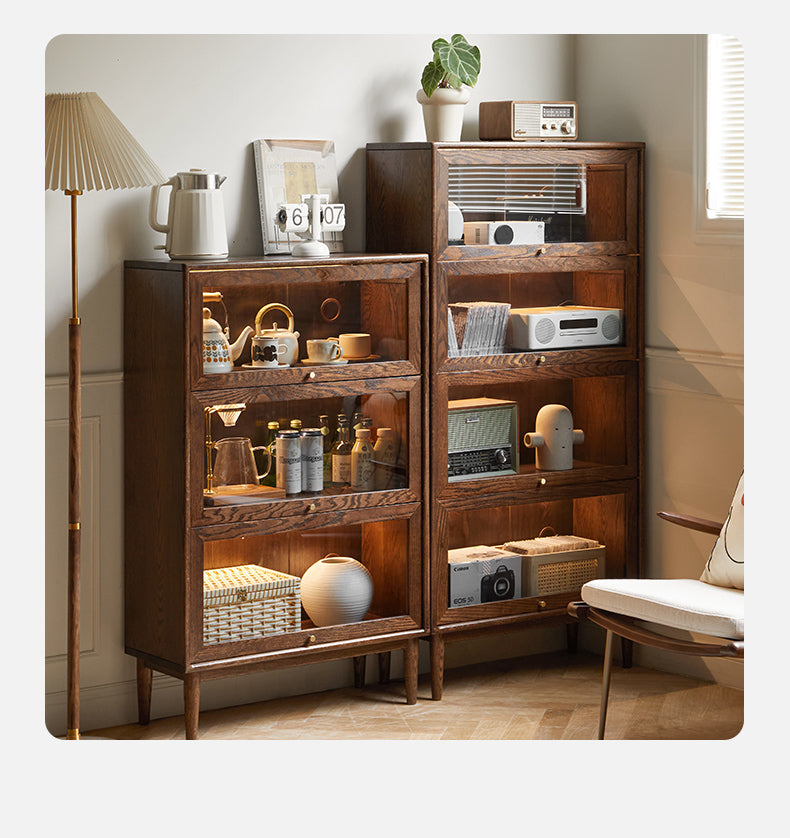 Solid Black Walnut & Oak Wood Glass Flip Door Bookcase - Modern Side Cabinet for Living Room, Office & Bedroom Storage