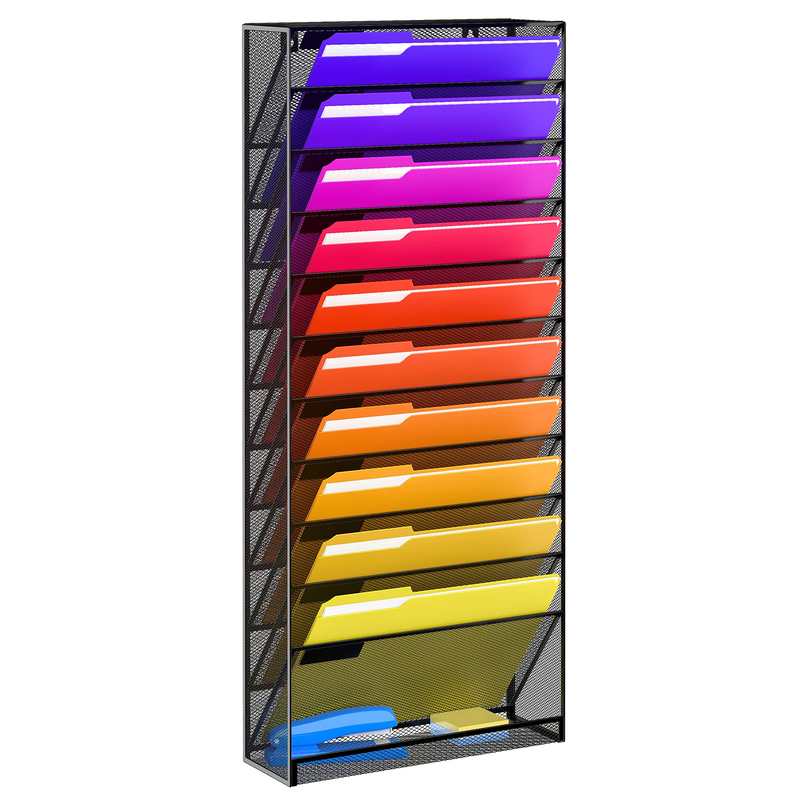 12-Tier Wall File Organizer - Mesh Metal Hanging File Folder Holder for Office & Home - No Assembly Magazine/Document Paper Rack - Space-Saving Black Wall Mount Organizer - Perfect for Desk Organization, Mail Sorting & Home Office Storage