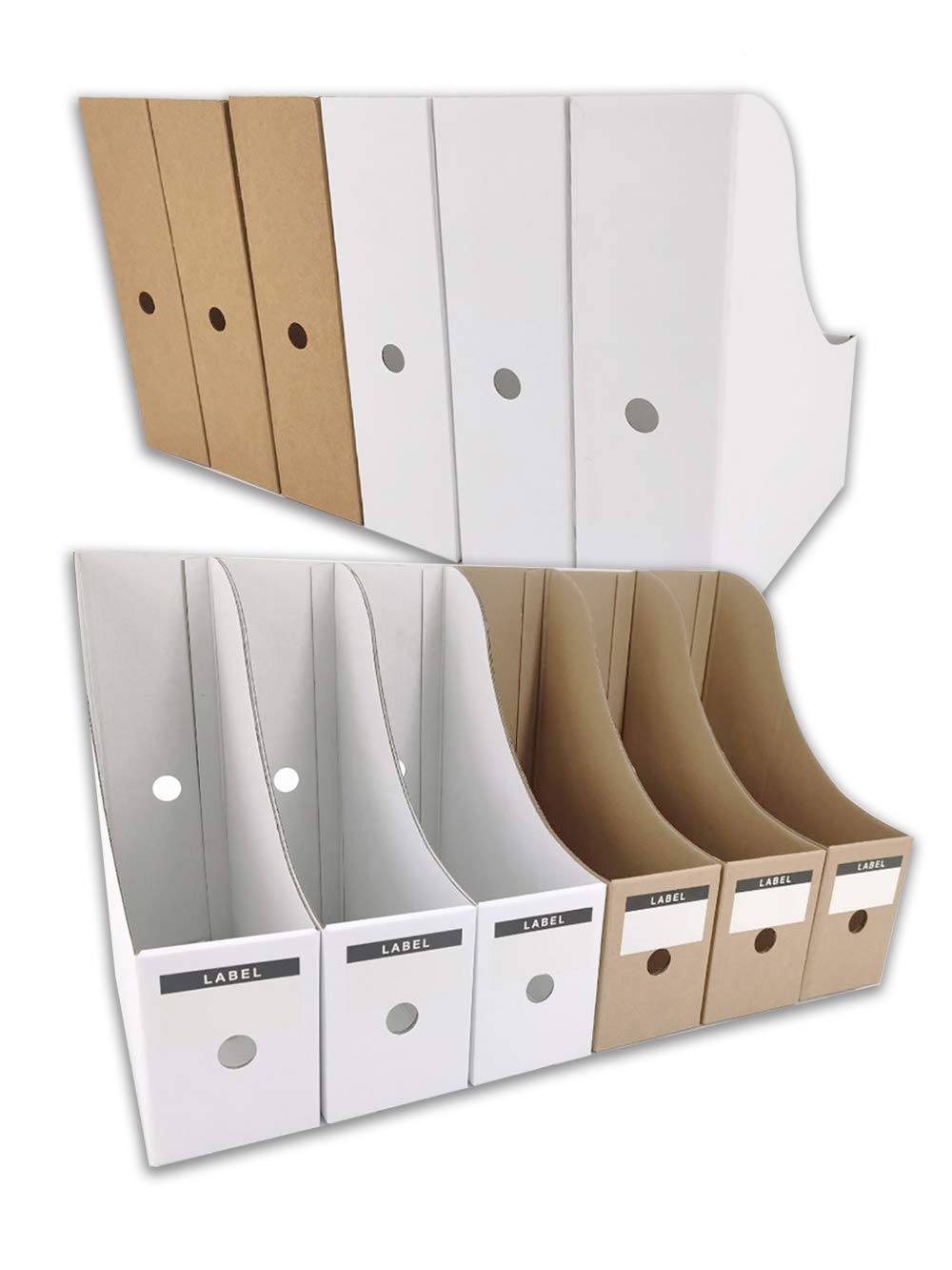 HUAPRINT Magazine File Holder Set (6 Brown + 6 White) - Desk Document Organizer with Labels, Letter Size File Storage Box for Office, Home, School - Perfect for Bills, Magazines, Office Supplies Organization