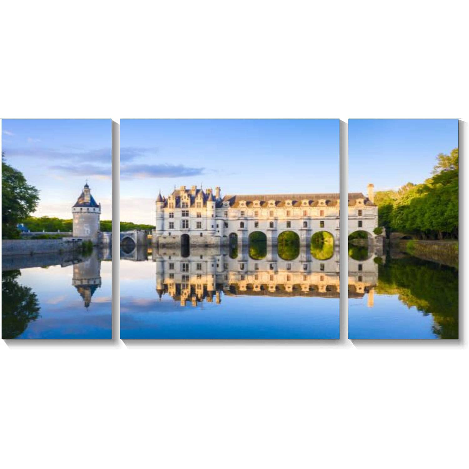 3 Panels French Chateau de Chenonceau Canvas Wall Art - HD Printed Framed Painting of River Cher Castle - Ready to Hang Stretched Wall Decor for Living Room, Bedroom & Office - Perfect for Home Decor & Gift Giving