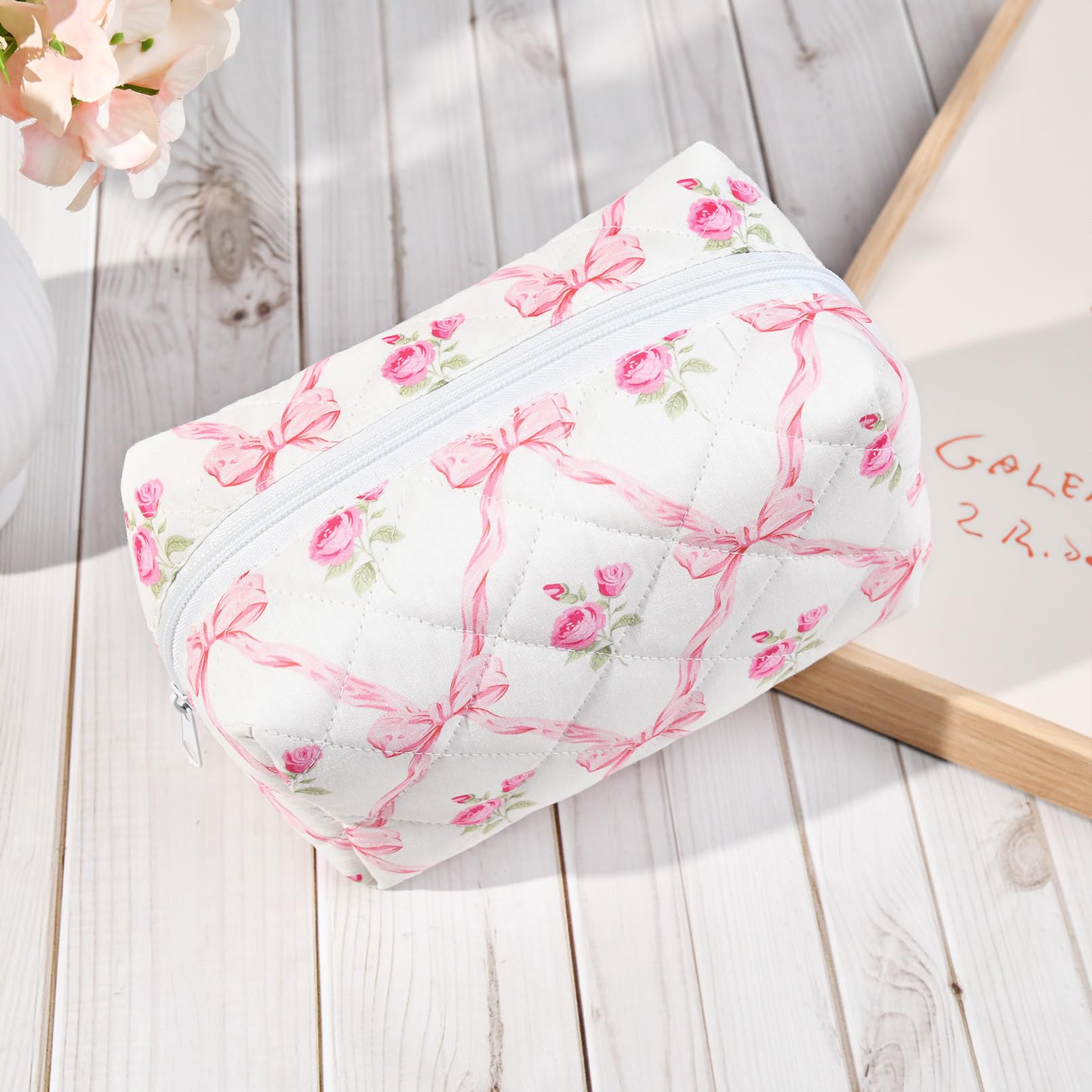 SOIDRAM Floral Quilted Puffy Cosmetic Bag - Aesthetic Cute Makeup Pouch for Women | Travel Toiletry Organizer | Cotton Makeup Brushes Storage | Perfect for Travel, Gym & Daily Use