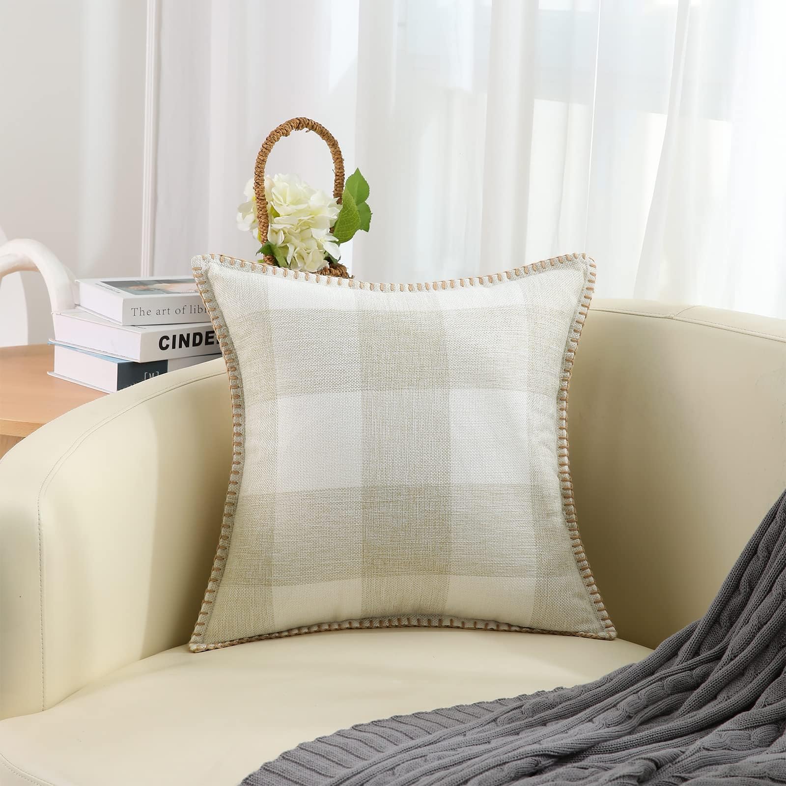 Buffalo Plaid Check Spring Throw Pillow Covers 20x20 Set of 2 - Farmhouse Decorative Pillow Cases with Stitched Edge for Couch, Sofa & Bed - Cream White & Beige - Perfect for Living Room, Porch & Seasonal Home Decor