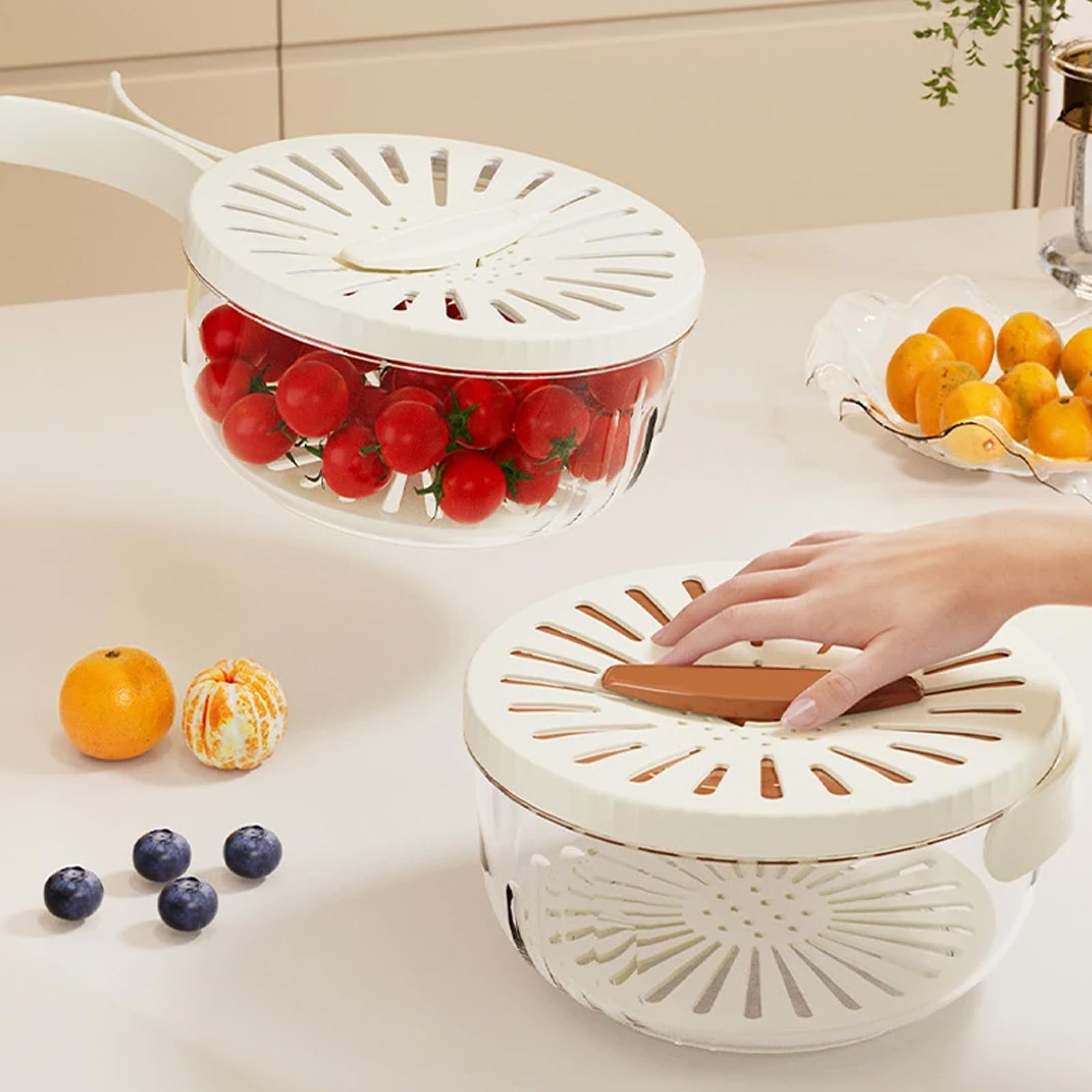 Premium Fruit Strainer Container with Lid - Multifunctional Plastic Kitchen Drain Basket for Washing Vegetables & Fruits - Foldable Handle, 2-in-1 Draining & Storage Basket (Orange) - Perfect for Salad Prep, Berry Cleaning & Kitchen Organization
