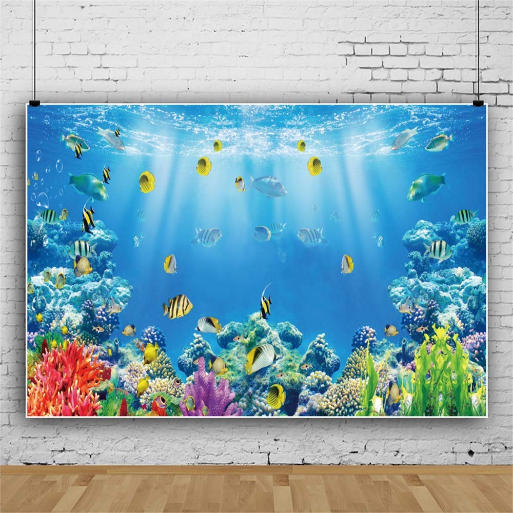 10x8ft Polyester Underwater Ocean Backdrop - Coral Sea Aquarium Photography Background for Baby Shower, 1st Birthday Cake Smash, Newborn Photo Props, YouTube Videos & Underwater Wonderland Theme Decor