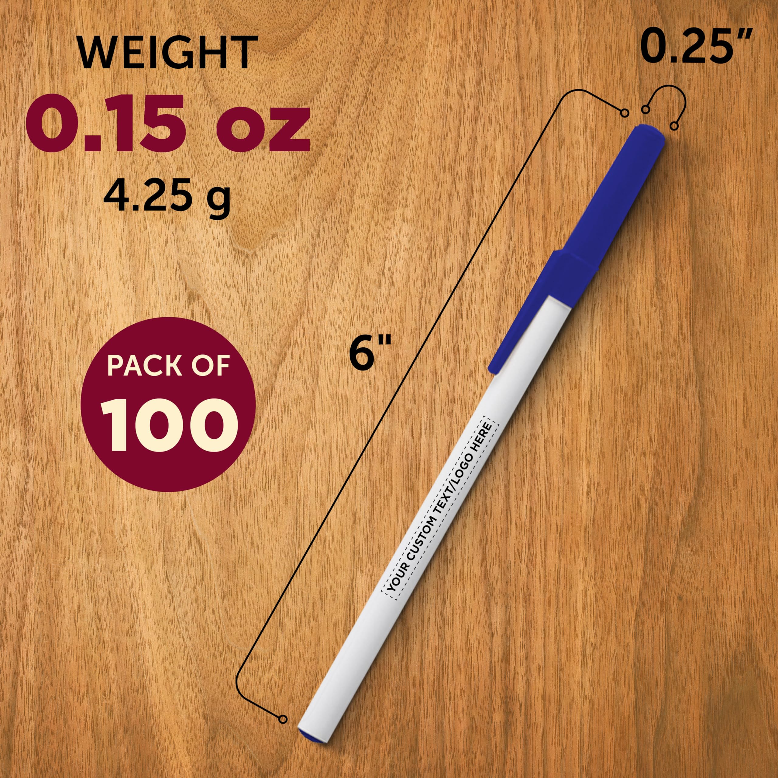 Custom Value Stick Pens Set of 100 - Personalized Bulk Pack with Black Ink - Premium Promotional Pens for Office, School, Business, Tradeshows & Events - Perfect for Branding, Giveaways & Corporate Gifts