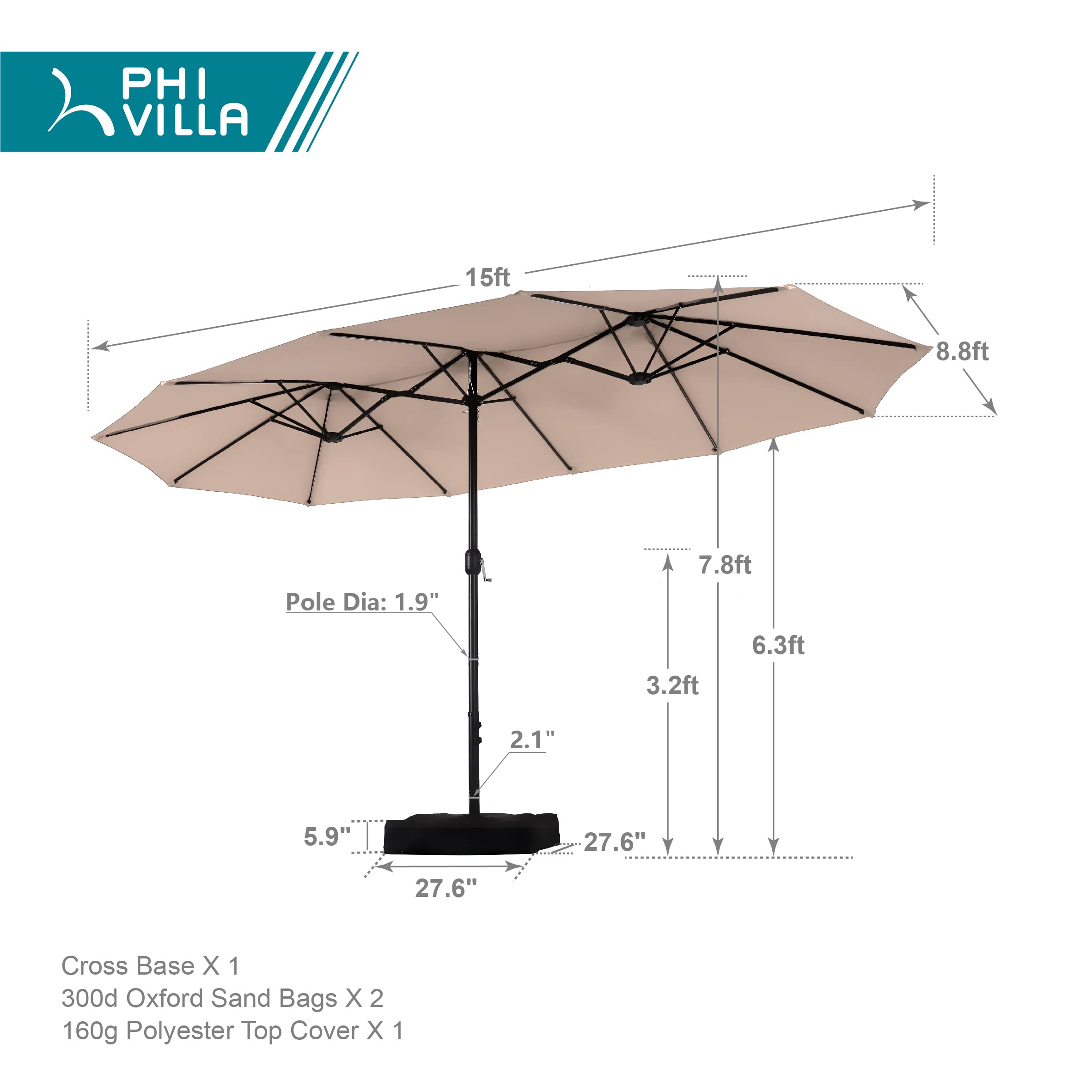 PHI VILLA 15ft Large Patio Umbrella with Base - Outdoor Double-Sided Beige for Garden & Poolside