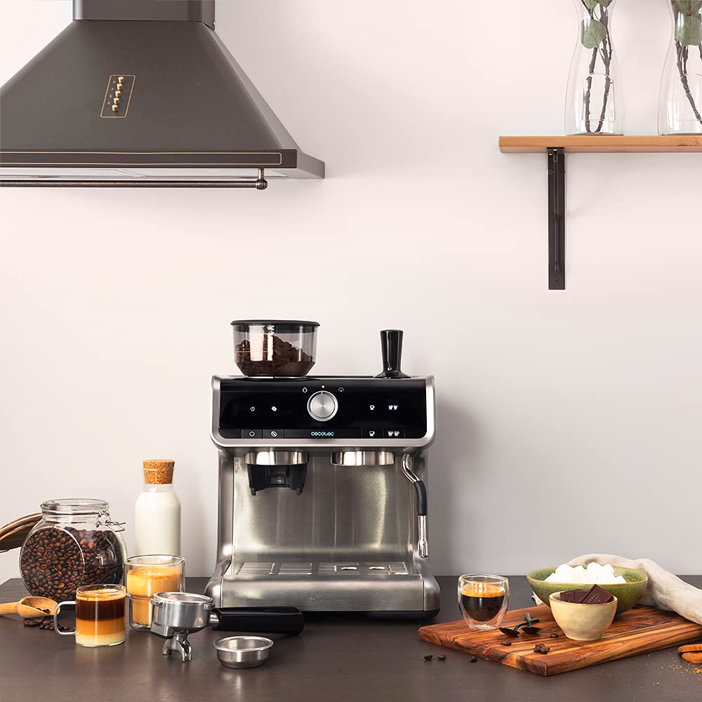 Cecotec Power Espresso 20 Bar Coffee Machine with Dual Spout, 1550W, 250g Bean Hopper, 30-Level Grinder, Thermoblock, 2.5L Water Tank - Black Stainless Steel | Perfect for Home Baristas & Espresso Lovers