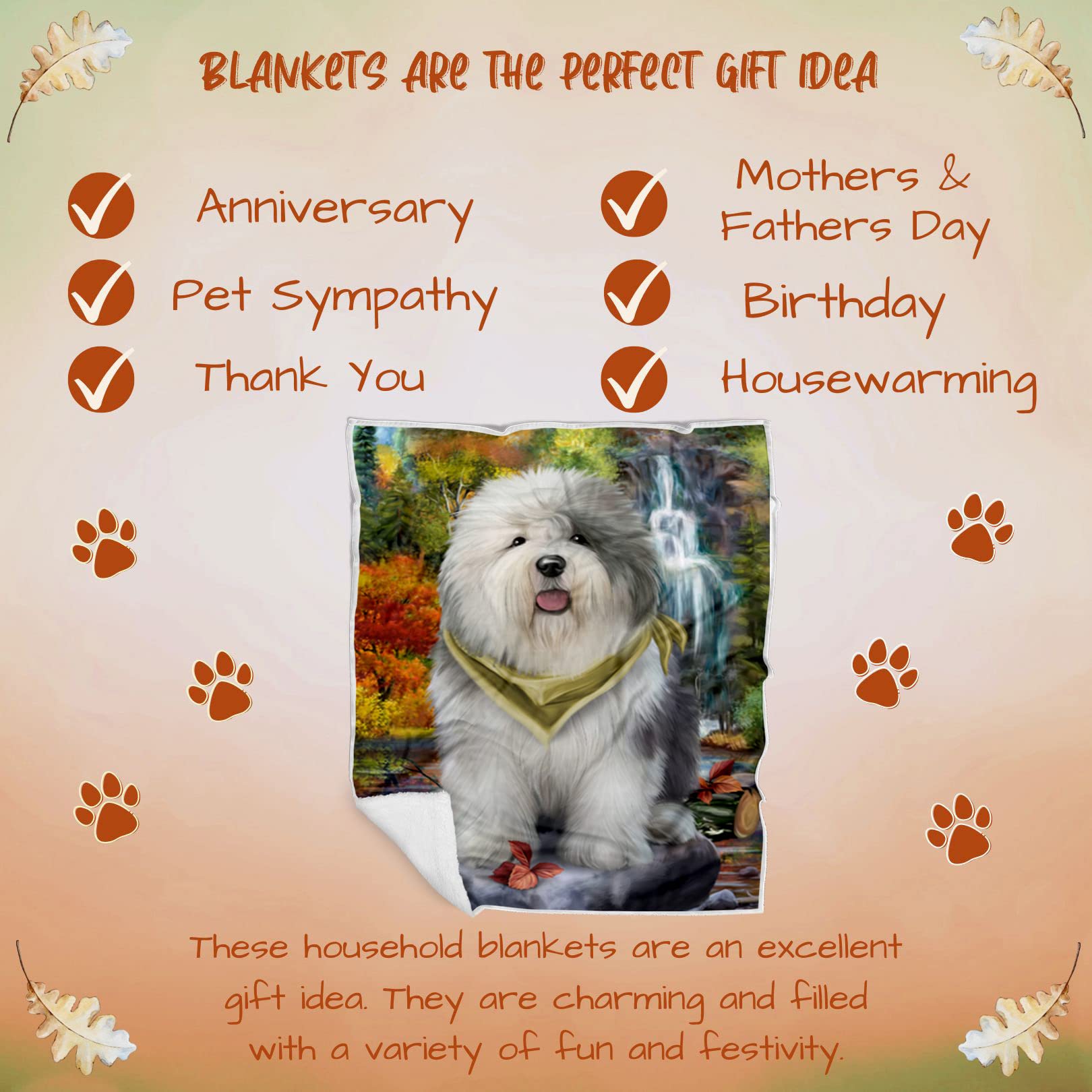 Old English Sheepdog Waterfall Blanket - Lightweight, Soft & Durable Woven Throw (50x60) - Cozy Animal Print Blanket for Sofa, Couch, Bed - Perfect for Home Decor, Gifts & Pet Lovers