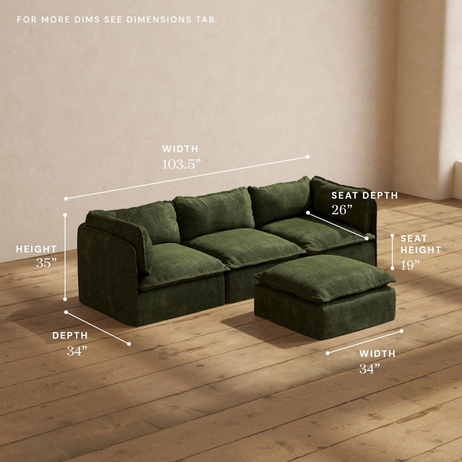 Modular Performance 3-Seater Sofa with Ottoman in Olive Green | Modern Sectional Couch for Living Room, Lounge & Family Room | Comfortable Blend Fabric for Relaxing & Entertaining