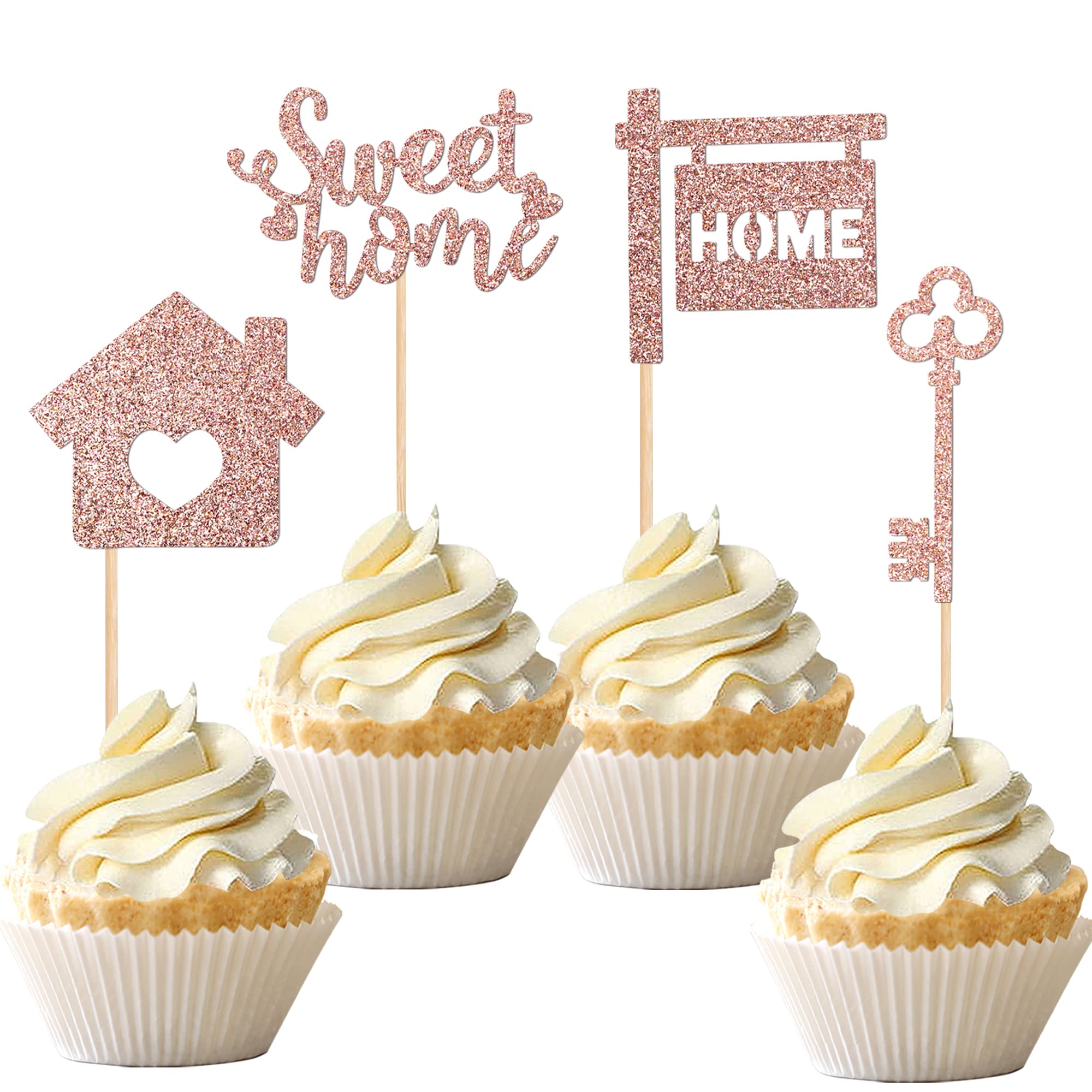 36 PCS Rose Gold Glitter Housewarming Cupcake Toppers - Sweet Home Theme Cake Decorations for New Home Party, Bridal Shower, Birthday & Baby Shower