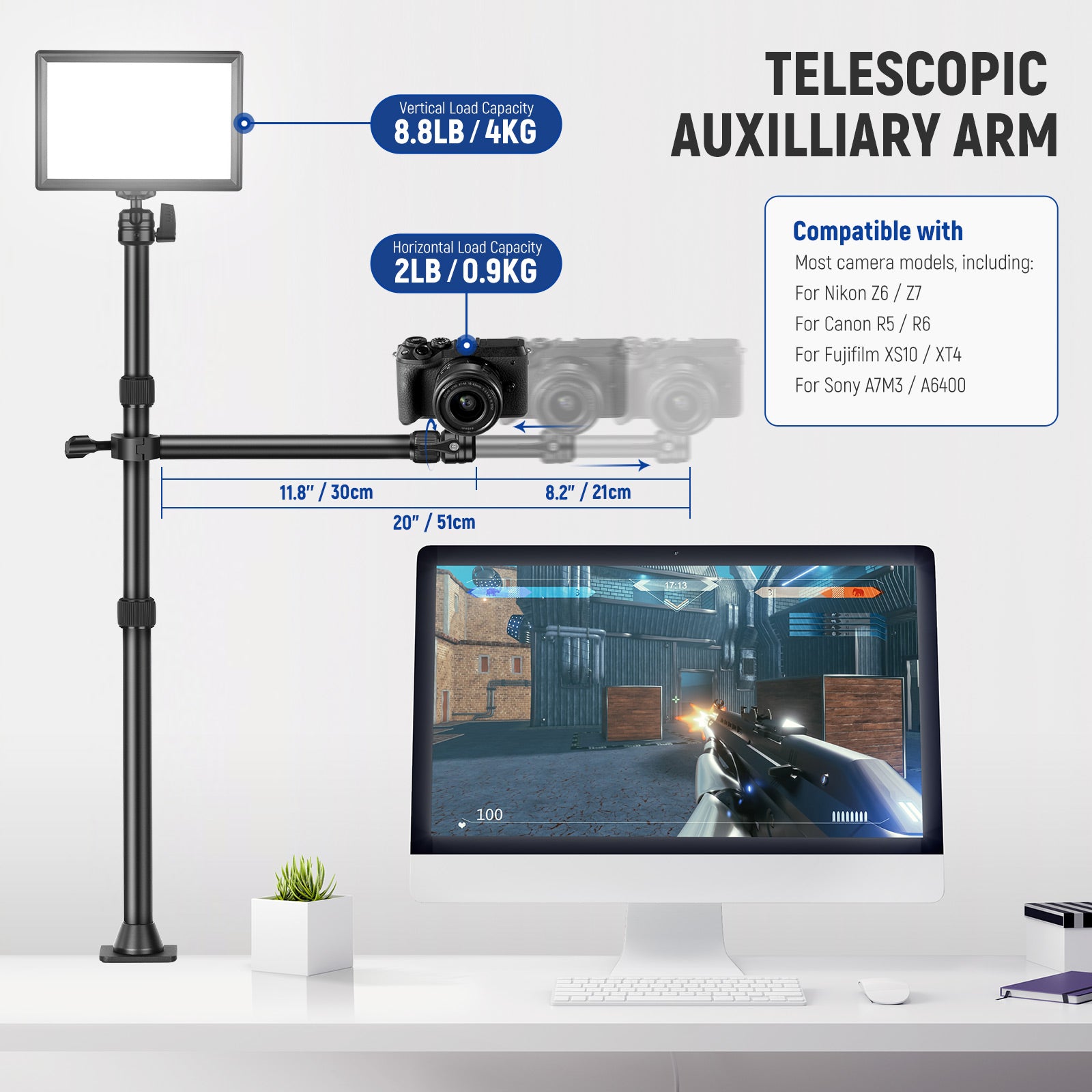 NEEWER TL253A+DS001 Overhead Camera Mount Stand for DSLR & Mirrorless - Adjustable Tabletop Tripod for Product Photography, YouTube Videos & Live Streaming