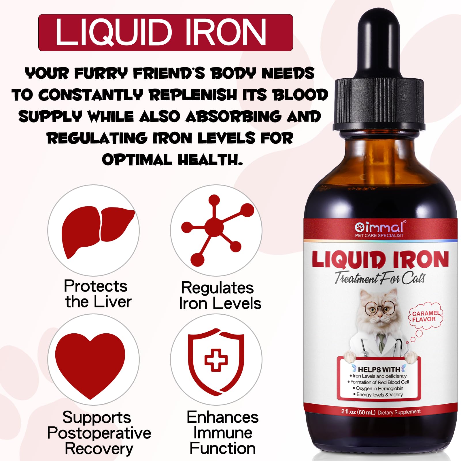 JSBNQRMZ Liquid Iron Supplement for Cats - 60ML Cat Vitamin with Vitamin C & B12 - Supports Anemia & Blood Health - Promotes Red Blood Cell Formation - Ideal for Weak or Anemic Felines - Perfect for Daily Health Maintenance & Recovery