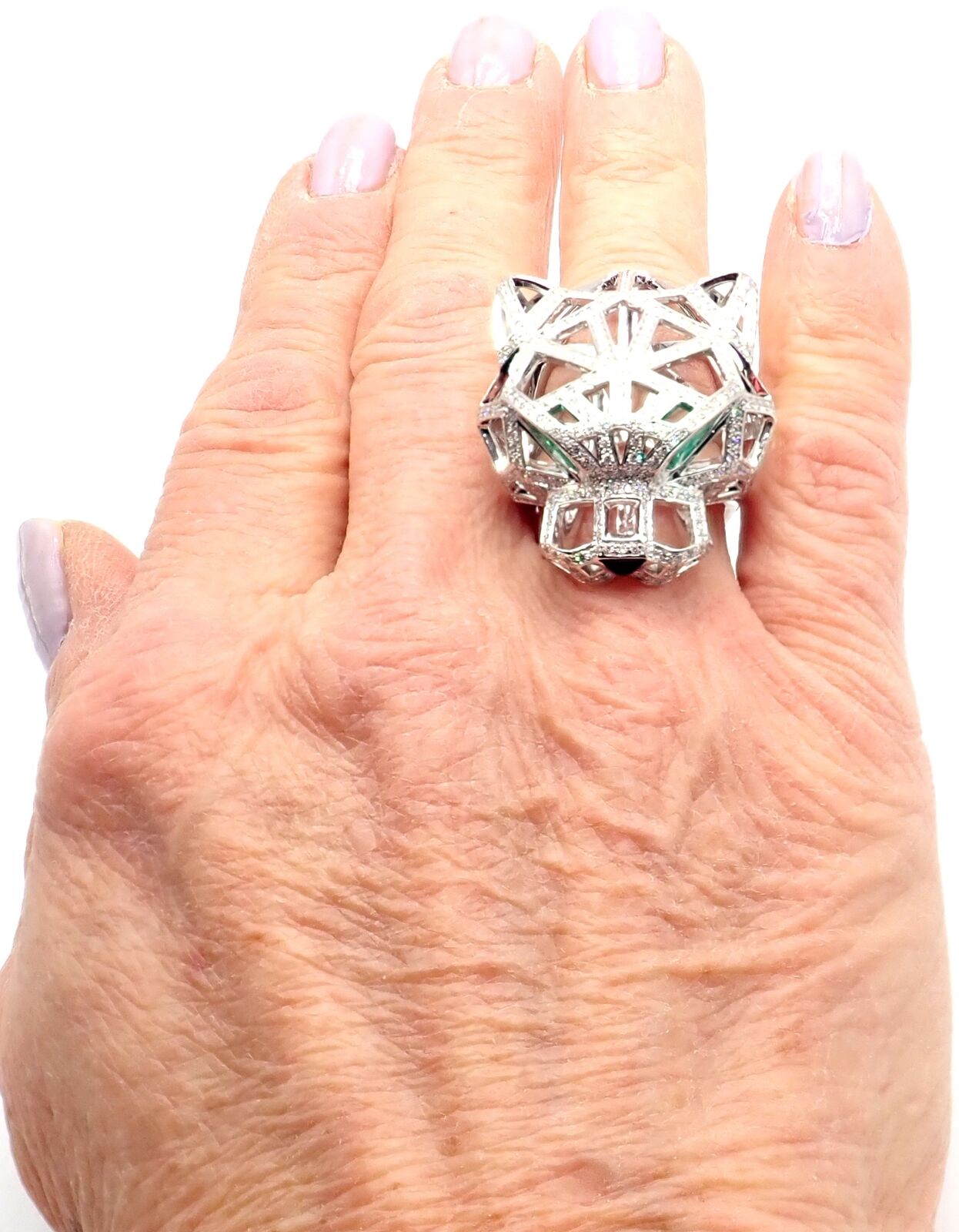 Cartier Panther Panthere 18k White Gold Emerald & Diamond Ring Size 54 - Luxury Jewelry for Women, Elegant Gift for Anniversary & Special Occasions