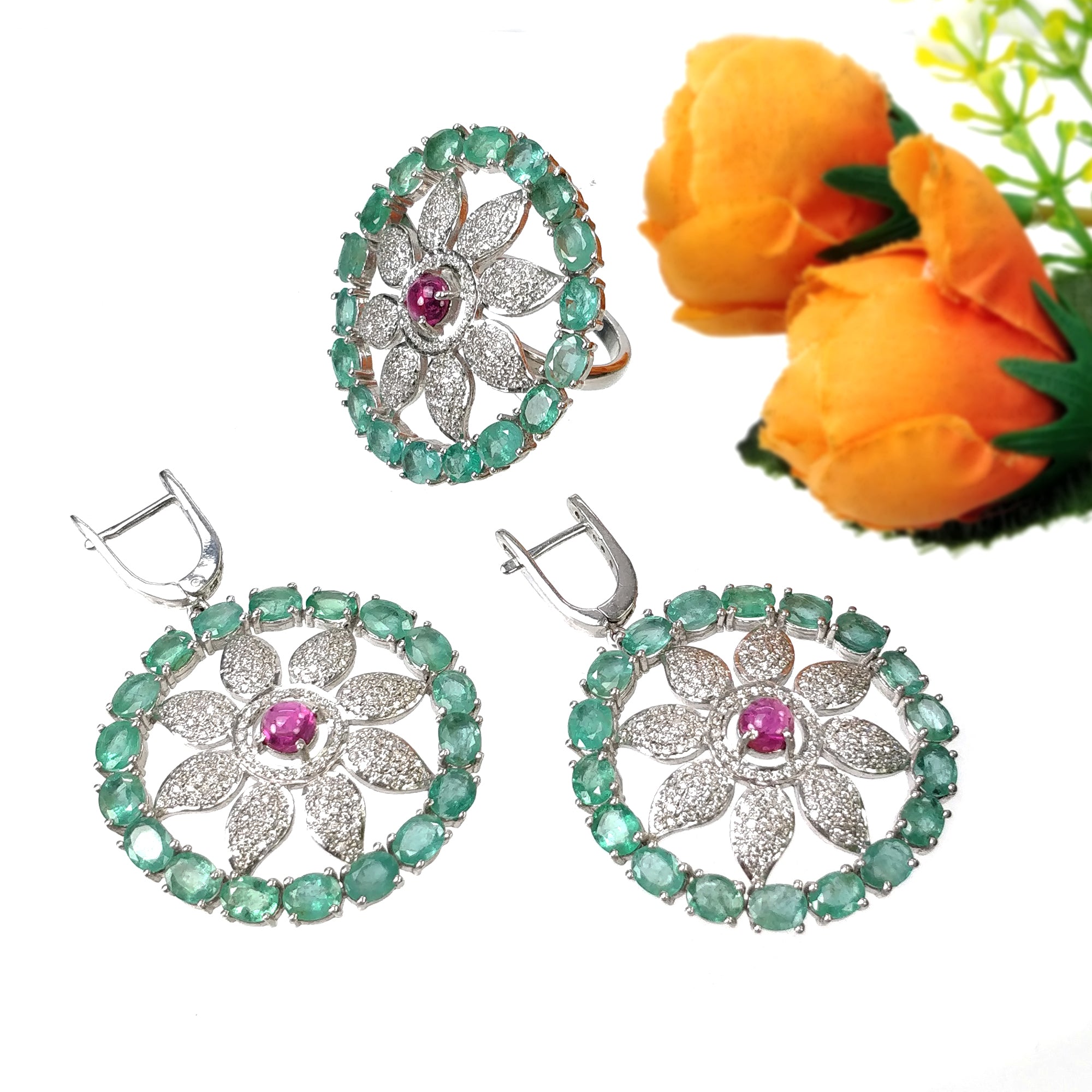 Natural Emerald & Pink Tourmaline Gemstone Jewelry Set with CZ - 925 Sterling Silver Round & Oval Earrings & Rings for Women | Wedding, Party, Anniversary Gift