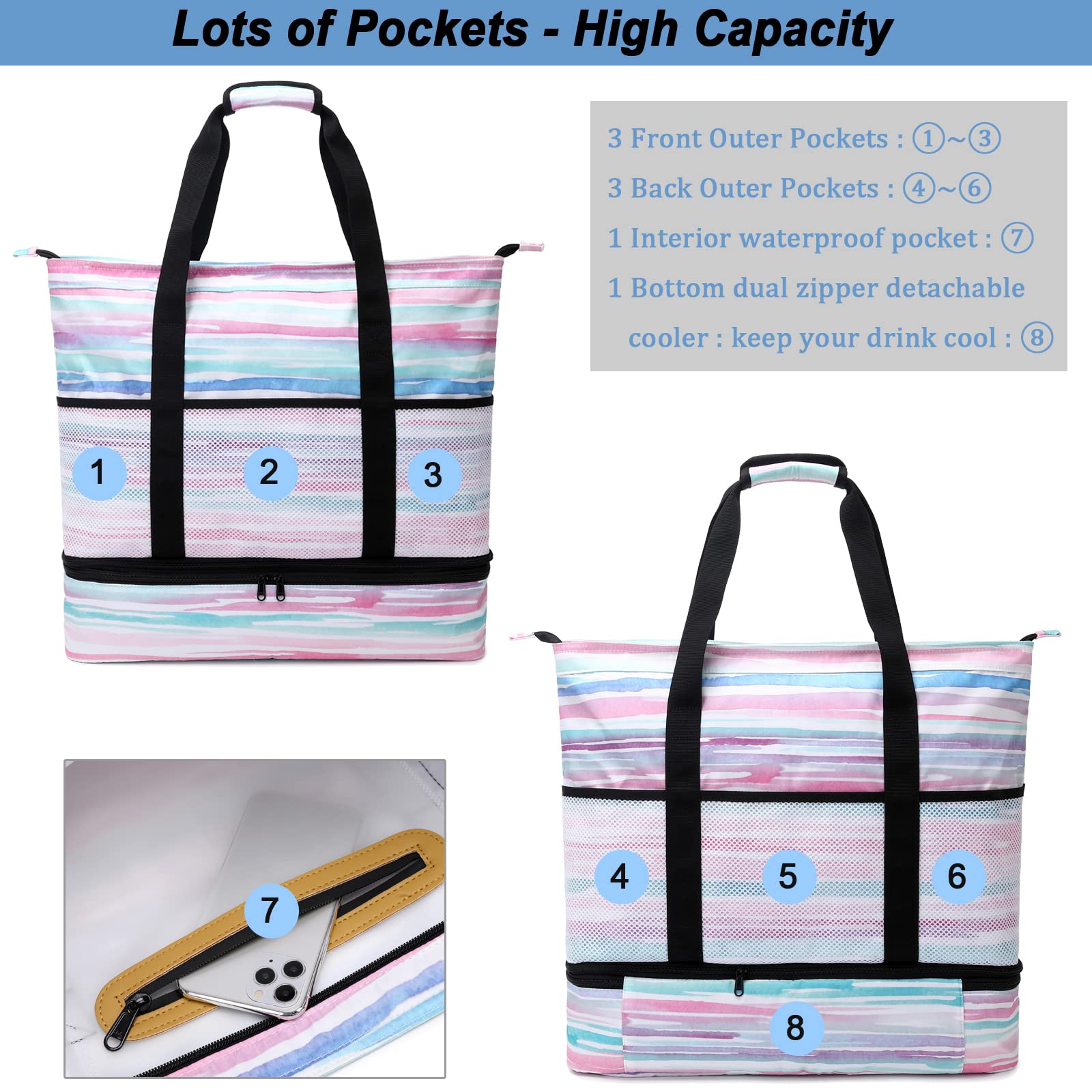 **Octsky Large Waterproof Beach Tote Bag with Cooler & 9 Pockets - Sandproof Zipper Pool Bag for Women - Perfect for Beach Trips, Pool Parties & Outdoor Picnics**