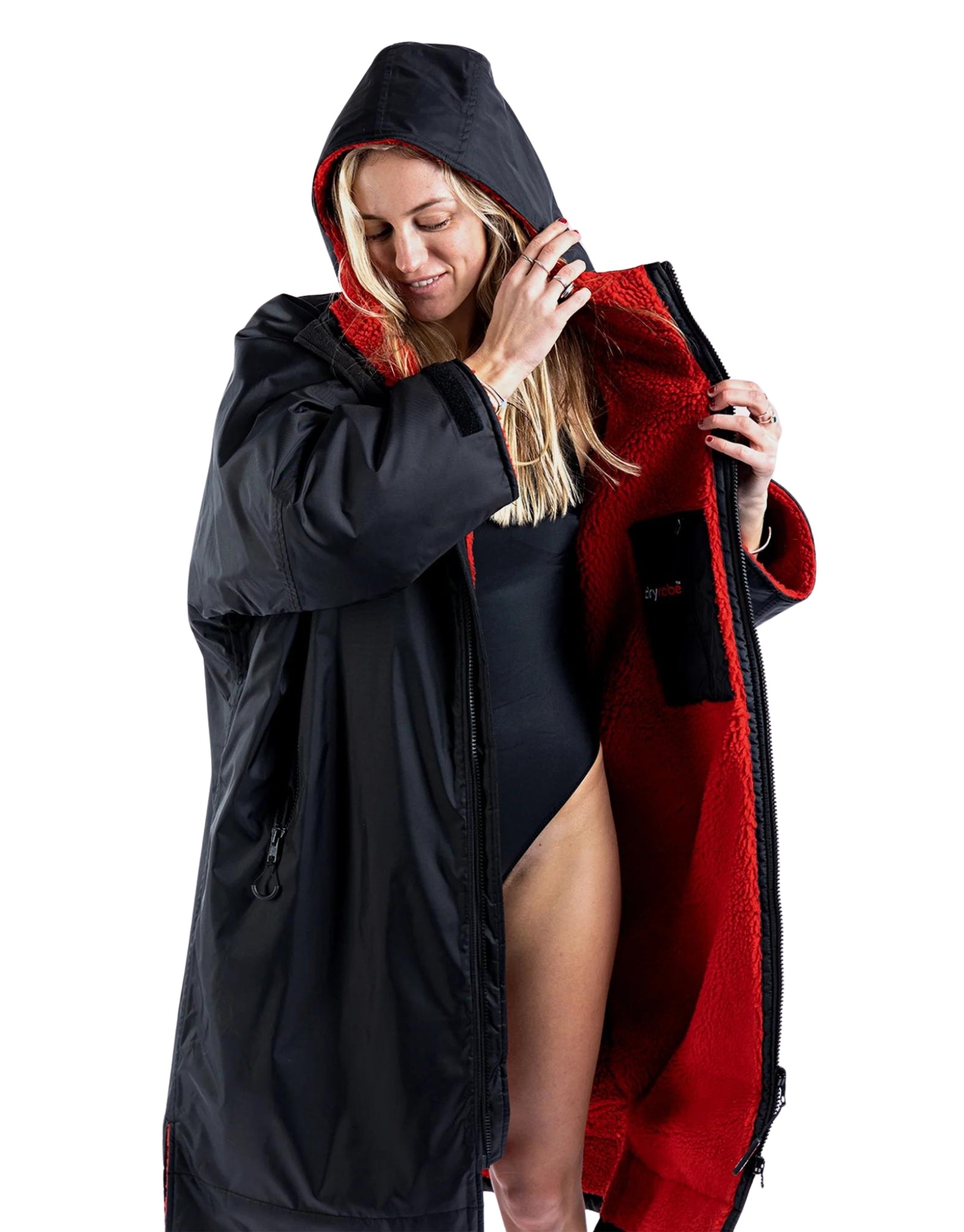 Premium Long Sleeve Plush Robe for Adults - Soft Fleece Bathrobe with Pockets (Black/Red) - Perfect for Spa, Lounge & Cold Weather Comfort