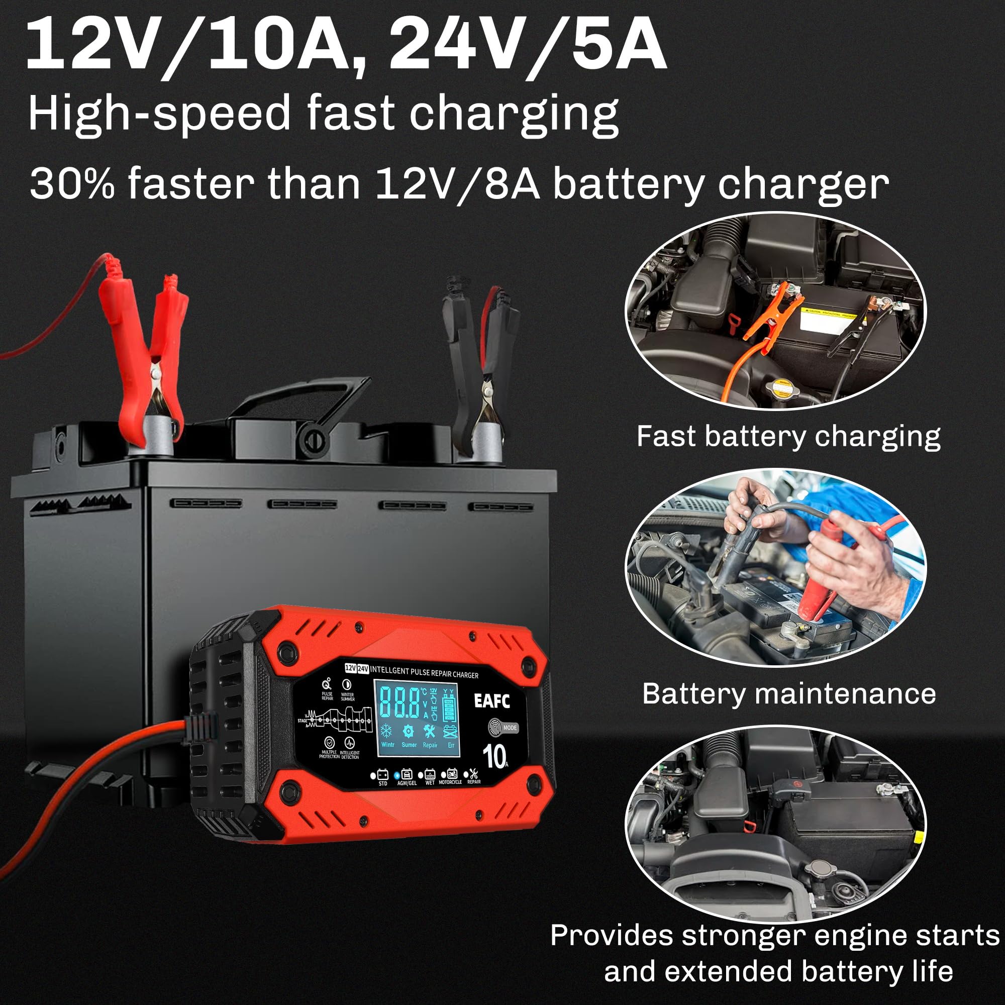 10-Amp 12V & 24V Smart Car Battery Charger - Fully Automatic Battery Maintainer, Trickle Charger & Desulfator with Temperature Compensation - Ideal for Cars, Trucks, Motorcycles & Marine Vehicles