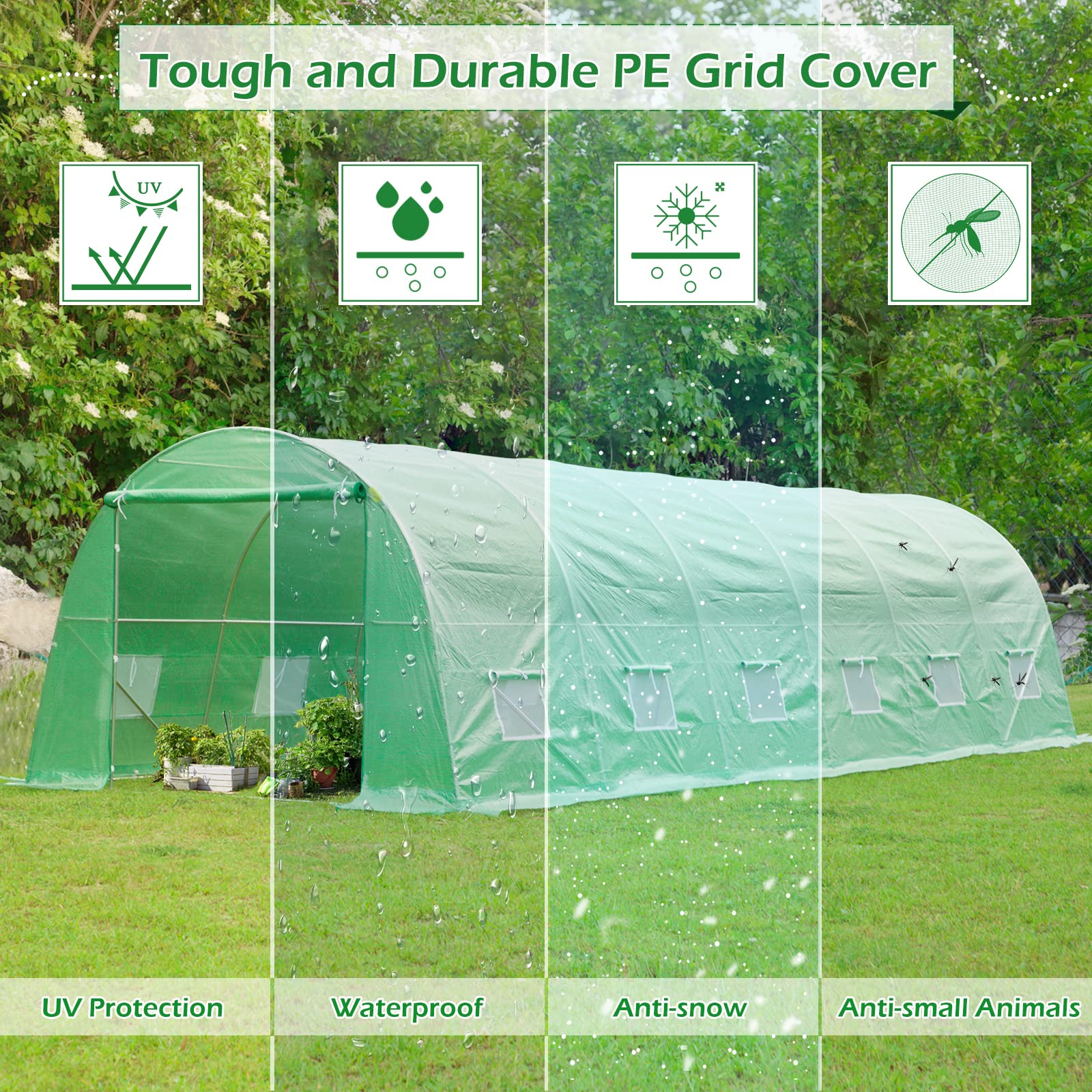 MELLCOM 26' x 10' x 6.6' Walk-in Greenhouse with Reinforced Metal Frame & 12 Ventilation Windows - Durable Outdoor Greenhouse for Gardening, Plant Growing & Backyard Use