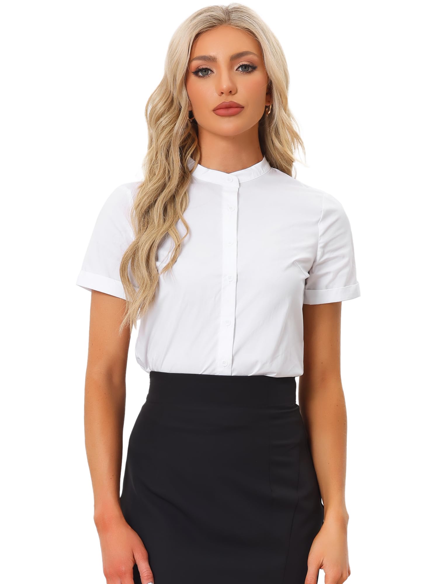 Allegra K Women's Mock Neck Short Sleeve Button Down Bodysuit - Professional Work Tops for Office Wear & Business Casual Outfits