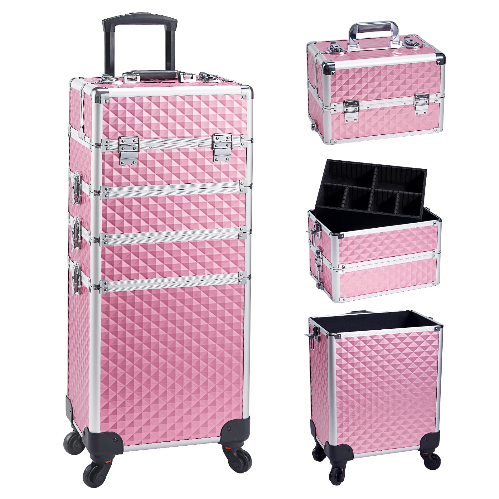 Adazzo 4-in-1 Rolling Makeup Train Case - Professional Cosmetic Organizer with Swivel Wheels & Lock for Makeup Artists, Hairstylists, Nail Techs & Barber Students - Portable Beauty Storage Case (Shiny Pink) - Perfect for Salon, Travel & Mobile Beauty Services